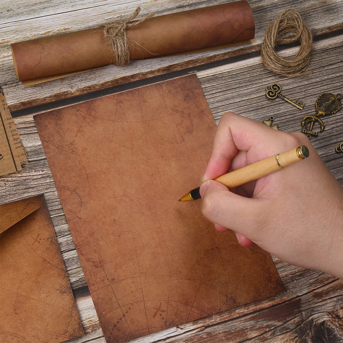 Vintage Stationary Paper and Envelopes Set, Writing Stationery Paper Letter and Envelopes Includes Sheets Antique Letter Papers, Kraft Envelopes, Retro Accessories, Rope (120 Pieces)