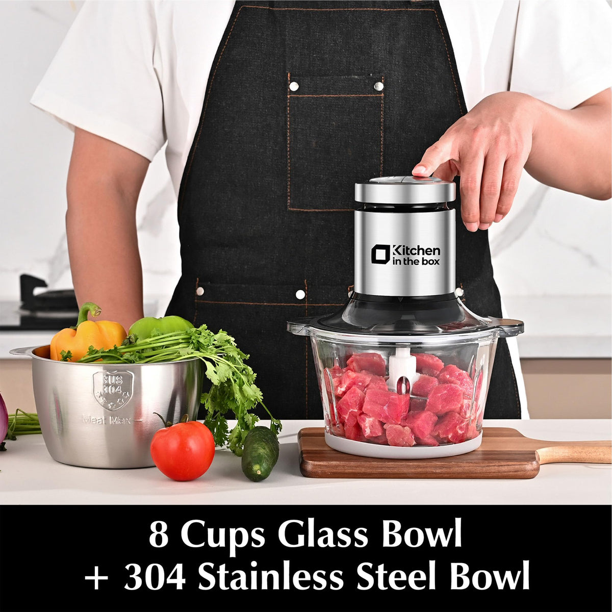 Kitchen in the box Food Processor, Electric Meat Grinder & Food Chopper with 400W Powerful Veggie Chopper-2 Bowls（8 Cup+8 Cup） & 2 Bi-Level Blades for Meat/Fish/Vegetable/Baby Food（Sliver Button）