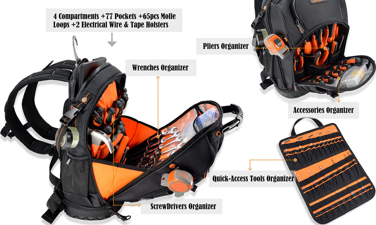 WELKINLAND 77-Pockets Electricians Tool Backpack, Tool Backpack For Men, HVAC Tools Bag Backpacks, Tools Backpacks For Construction