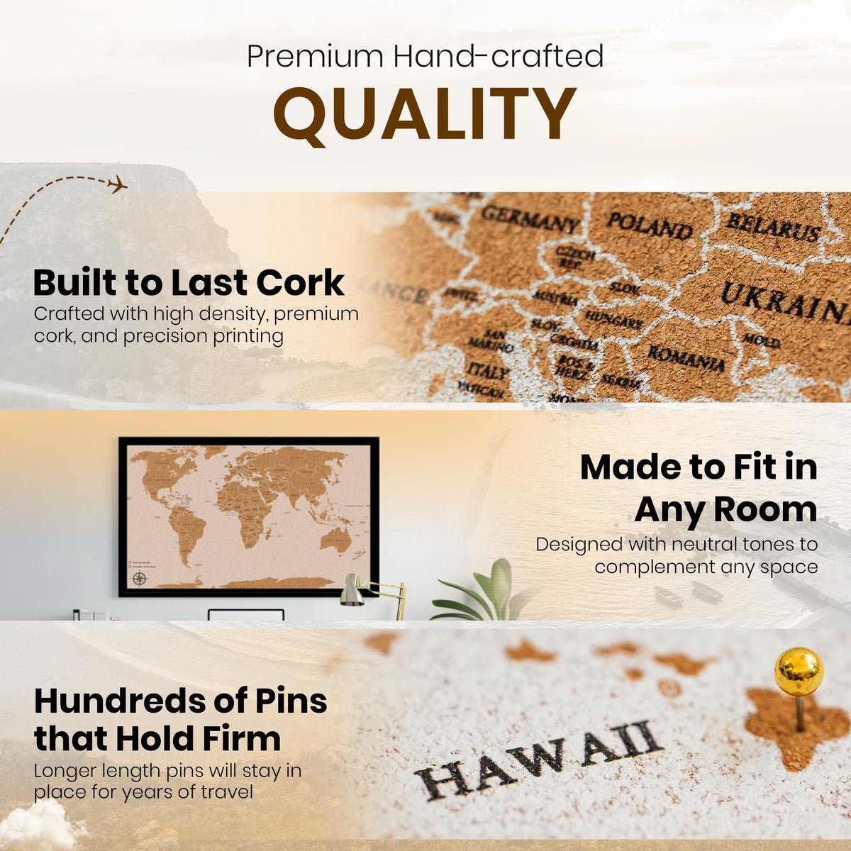 Large Push Pin World Travel Map – 30" x 20" Framed Cork Board Wall Art, Modern World Map with 200 Unique Pins for Tracking Adventures, A Premium Gift for Travelers, Couples and Families