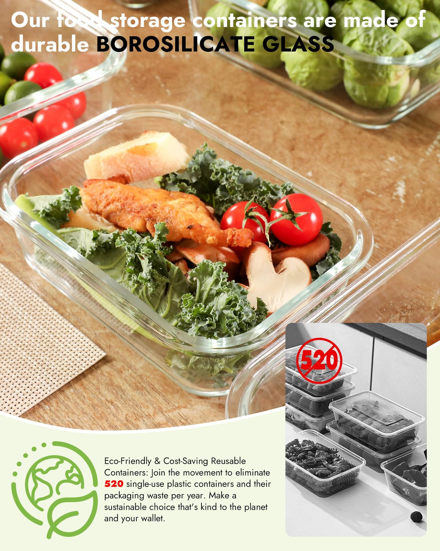 BOROHOUSE 12-Pack Glass Containers with Tempered Lids – Borosilicate, Oven-Safe(-4°F~950°F), Airtight, BPA-Free, Multi-Size for Meal Prep, Dishwasher Safe, 1.6 cups to 6.4 cups (Gray)