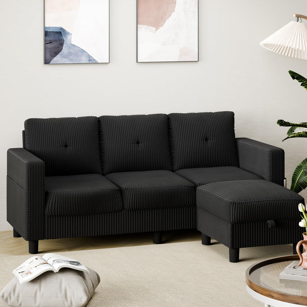 Shintenchi Modern Upholstered Sectional Sofa, L-Shaped Couch with Storage Ottoman and Reversible Chaise for Living Room, Black Corduroy Fabric
