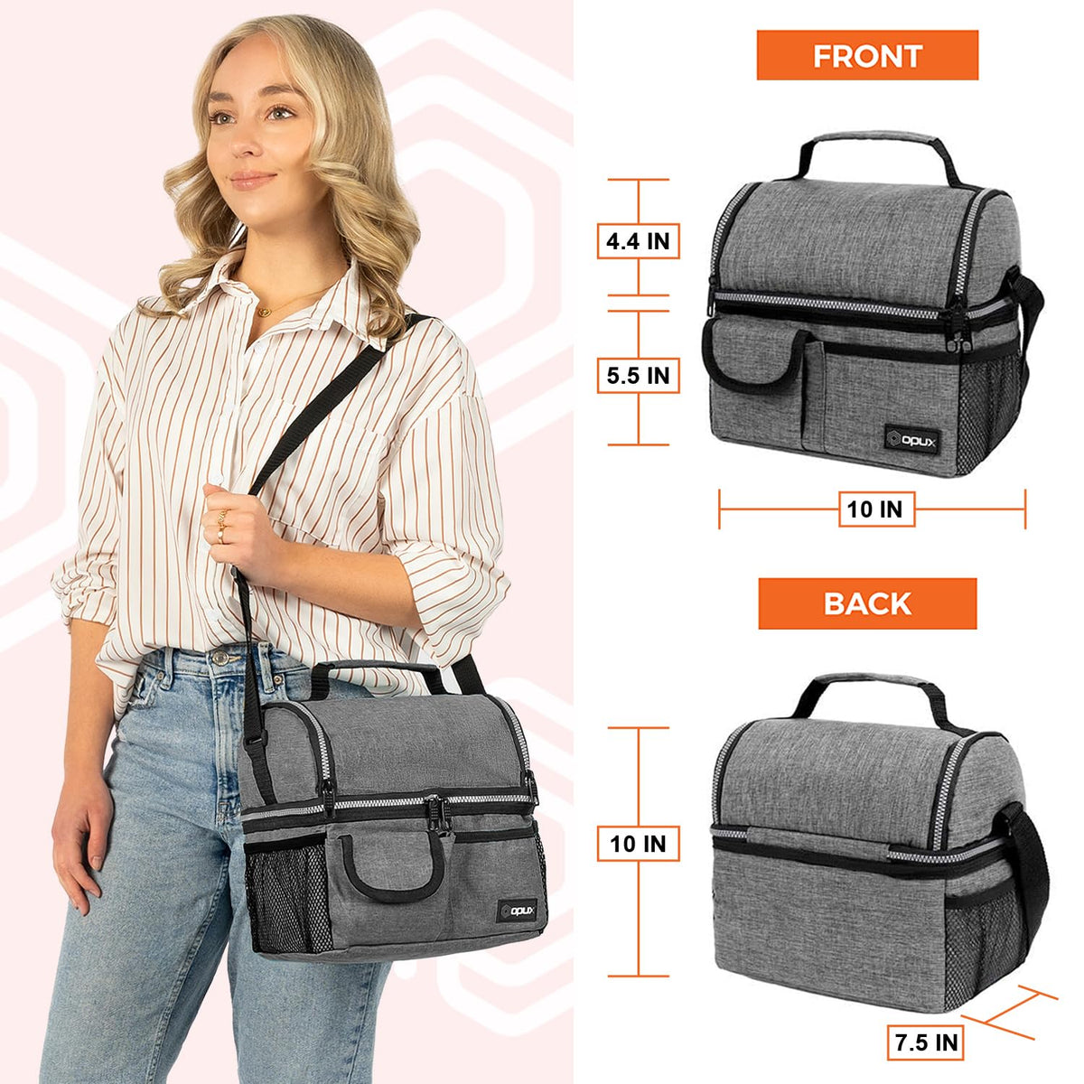 opux Insulated Lunch Bag Women Men, Dual Compartment Leakproof Lunch Box Adults Kids, Double Decker Meal Prep Bento Lunch Cooler Tote with Shoulder Strap for Work Office School Travel, Gray