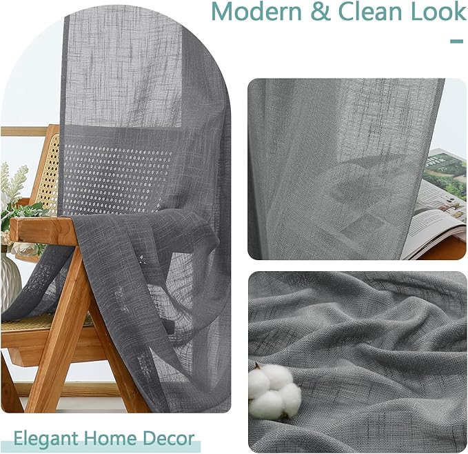 Chyhomenyc Charcoal Grey Semi Sheer Curtains 36 Inch Length, Light Filtering