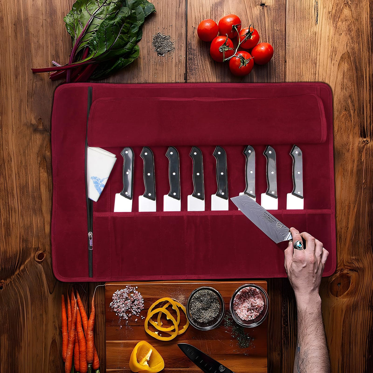 Chef Knife Roll Bag,Waxed Canvas Knife roll bag,Portable 10 Slots Chef Knife case with 1 Zipper Pockets,Heavy Duty Knives Roll Bags for Chef Case for Camping and Hold Home Kitchen Knife Tools Up (Red)