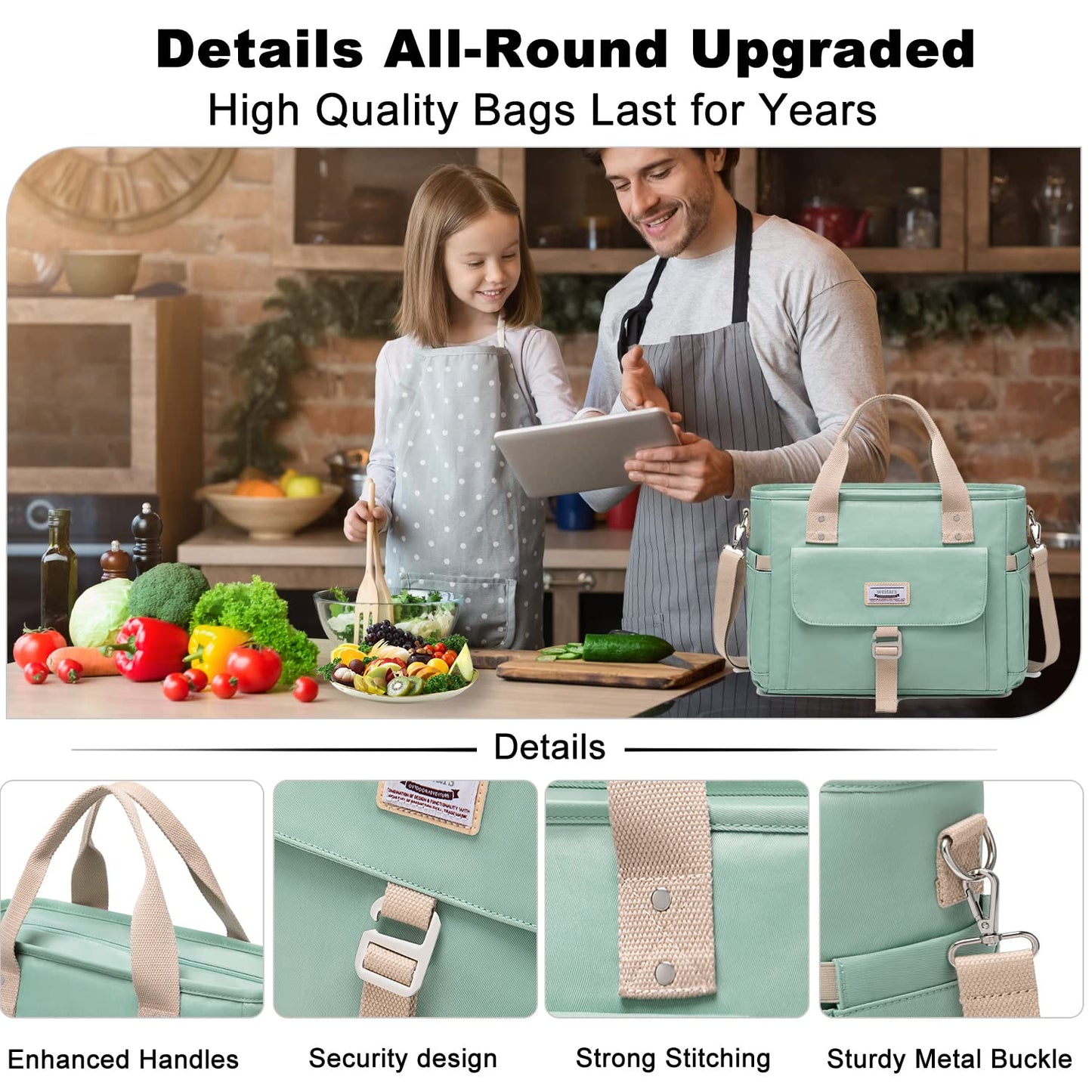 Weitars Insulated Lunch Bag for Men Women,Leak Proof Lunch Box for Work,Large Lunch Tote Bag With Removable Shoulder Strap with Side Pockets,Reusable Lunch Cooler Bag For Picnic Hiking