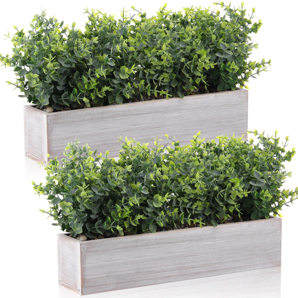 Lyrow 2 Pack Artificial Eucalyptus Plant in Rustic Rectangular Wooden Planter Box Greenery Faux Potted Herb Plant for Indoor Wedding Table Centerpiece(Green,16.1 x 3.7 x 8.7 Inches,Classic Style)