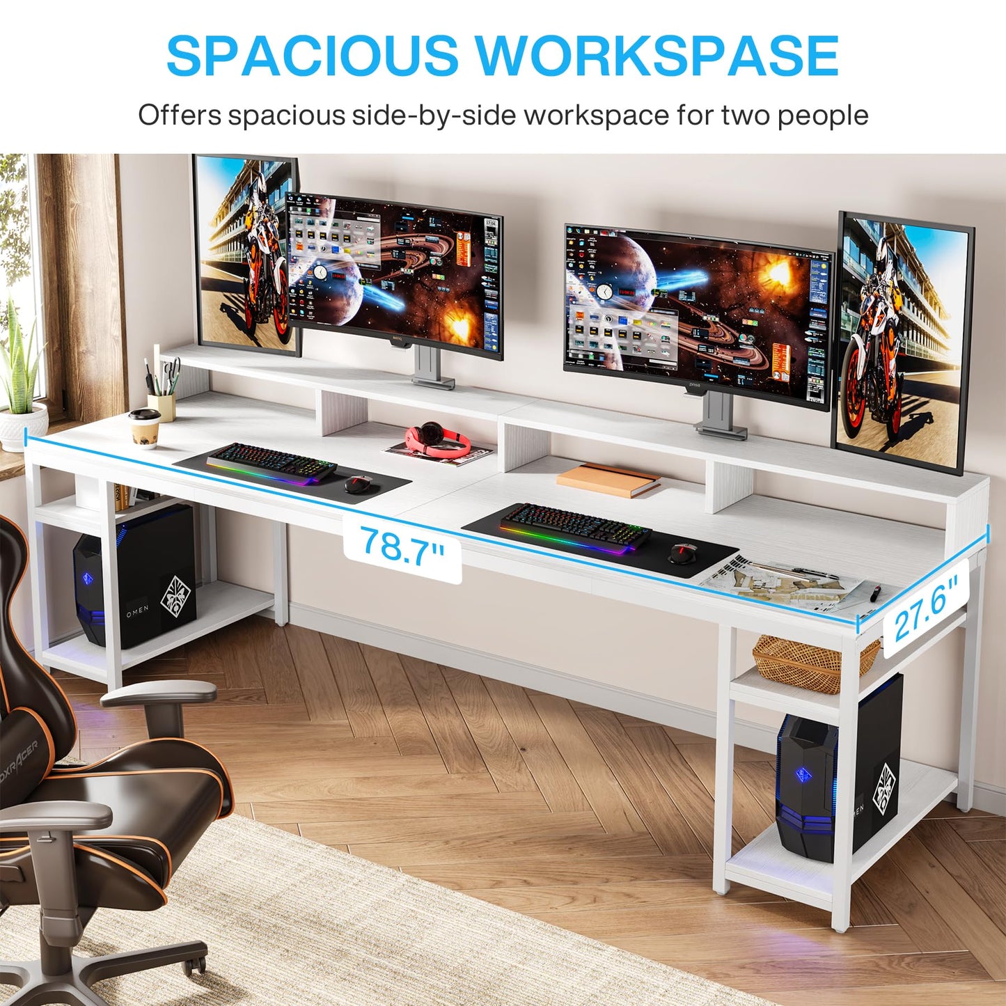 Tribesigns Two Person Desk with Monitor Stand, 78.74" Long Double Computer Office Desk with Storage Shelves, Large Gaming Desk Study Writing Table Workstation for Home Office (White)