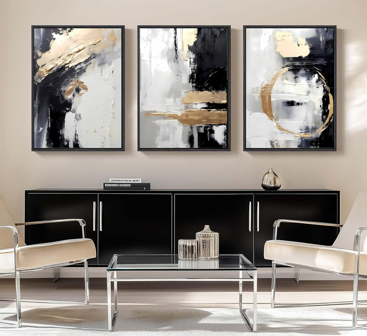 3pcs Black Gold Canvas Wall Art Abstract Geometric Textured Posters Prints Pictures Paintings with Faux Stucco Finish Modern Beige Minimalist Wall Decor for Living Room Bedroom Bathroom Unframed