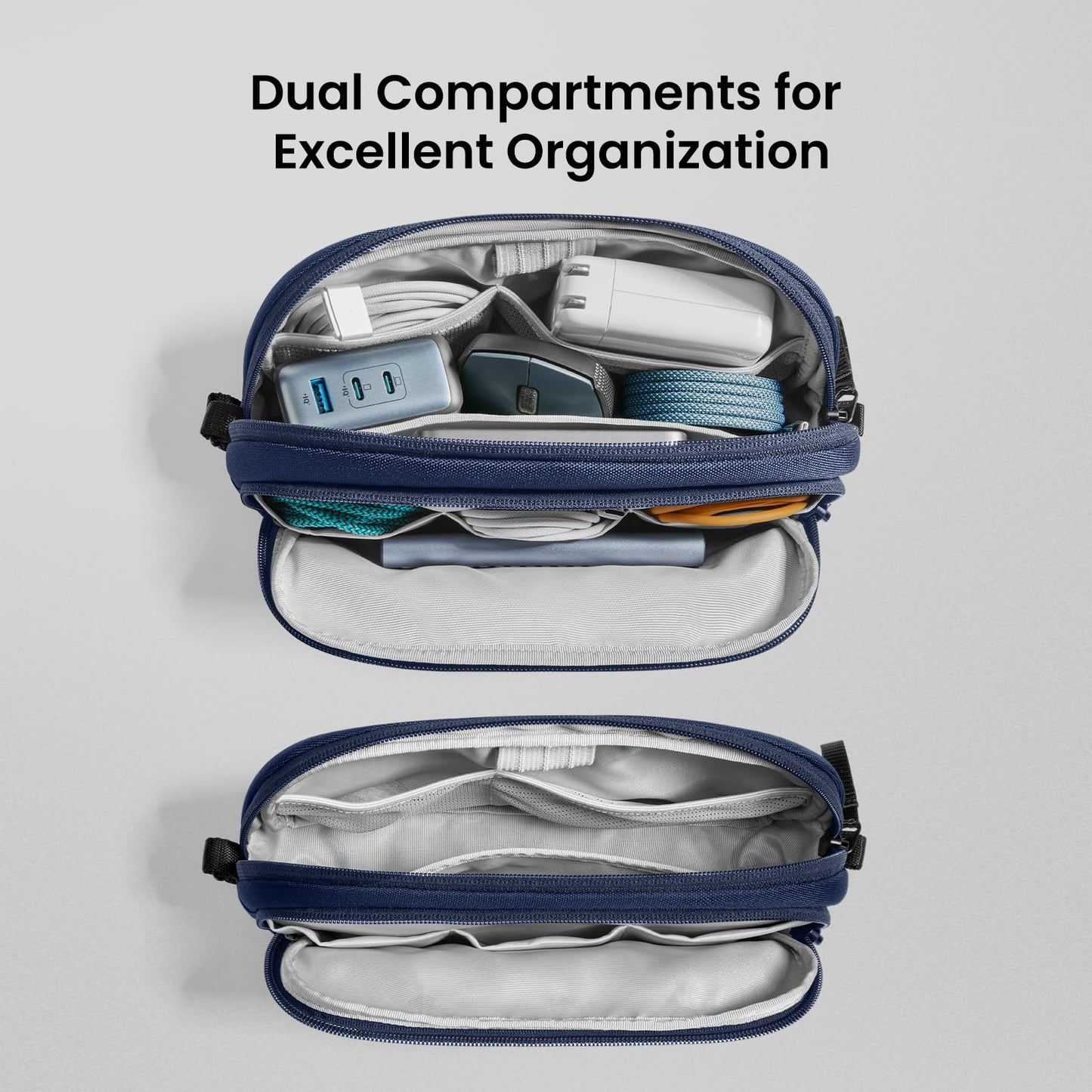 tomtoc Electronic Organizer Travel Case, Water Resistant Dual Compartment Tech Pouch Cable Organization Storage Bag for Charger, Cord, Phone, Hard Drive, Power Bank, Accessories Travel Essentials