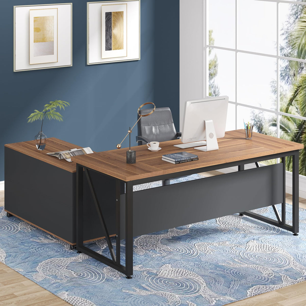 Tribesigns 63 inches Executive Desk and 47" lateral File Cabinet, L-Shaped Computer Desk Home Office Business Furniture with Drawers and Storage Shelves, Office Table,Brown and Black