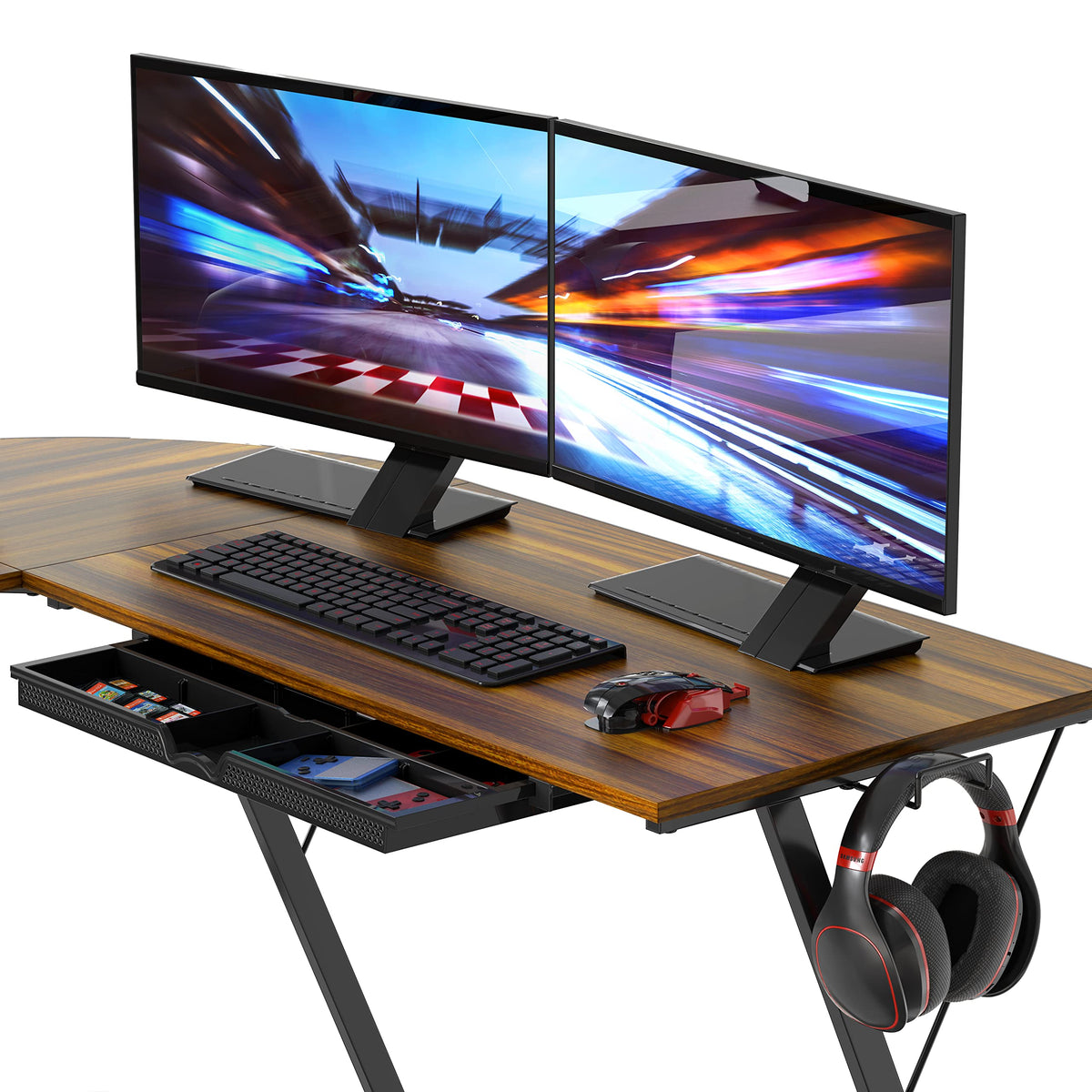 SHW 51 x 51 Inches Vista L-Shaped Desk with Monitor Stand and Drawer, Walnut