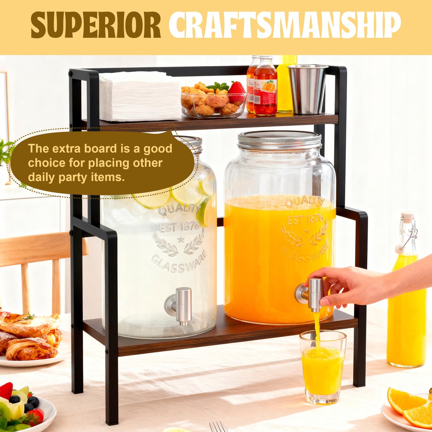 2PCS 1.5 Gallon Drink Dispenser - Glass Beverage Dispenser With Wood Stand and Leakproof Stainless Steel Spigot, Large Drink Dispenser for Parties, Lemonade, Iced Tea, Laundry Detergent Container