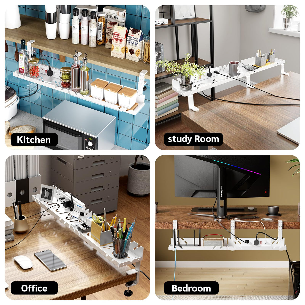 Extended Metal Under Desk Cable Management Tray with Power Outlet, No-Drill Wire Organizer with Clamp, Cord Storage Raceway for Desk Cable Management for Office Home (White)