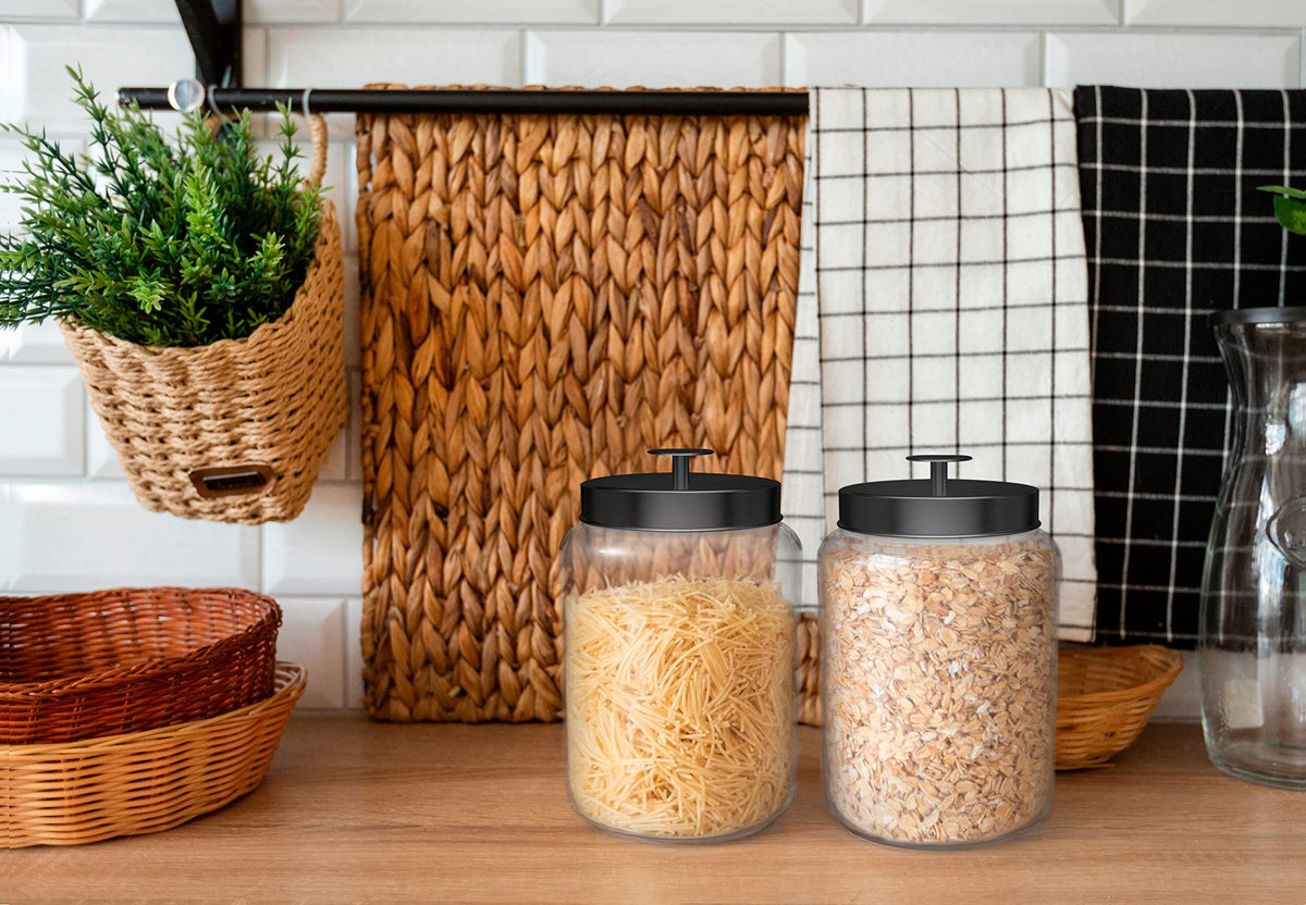 KooK Glass Storage Containers with Lids, Glass Jar with Lid, 1 Gallon, Set of 2, Glass Canister, Storage, Laundry, Kitchen Jar, (Circular, Black)