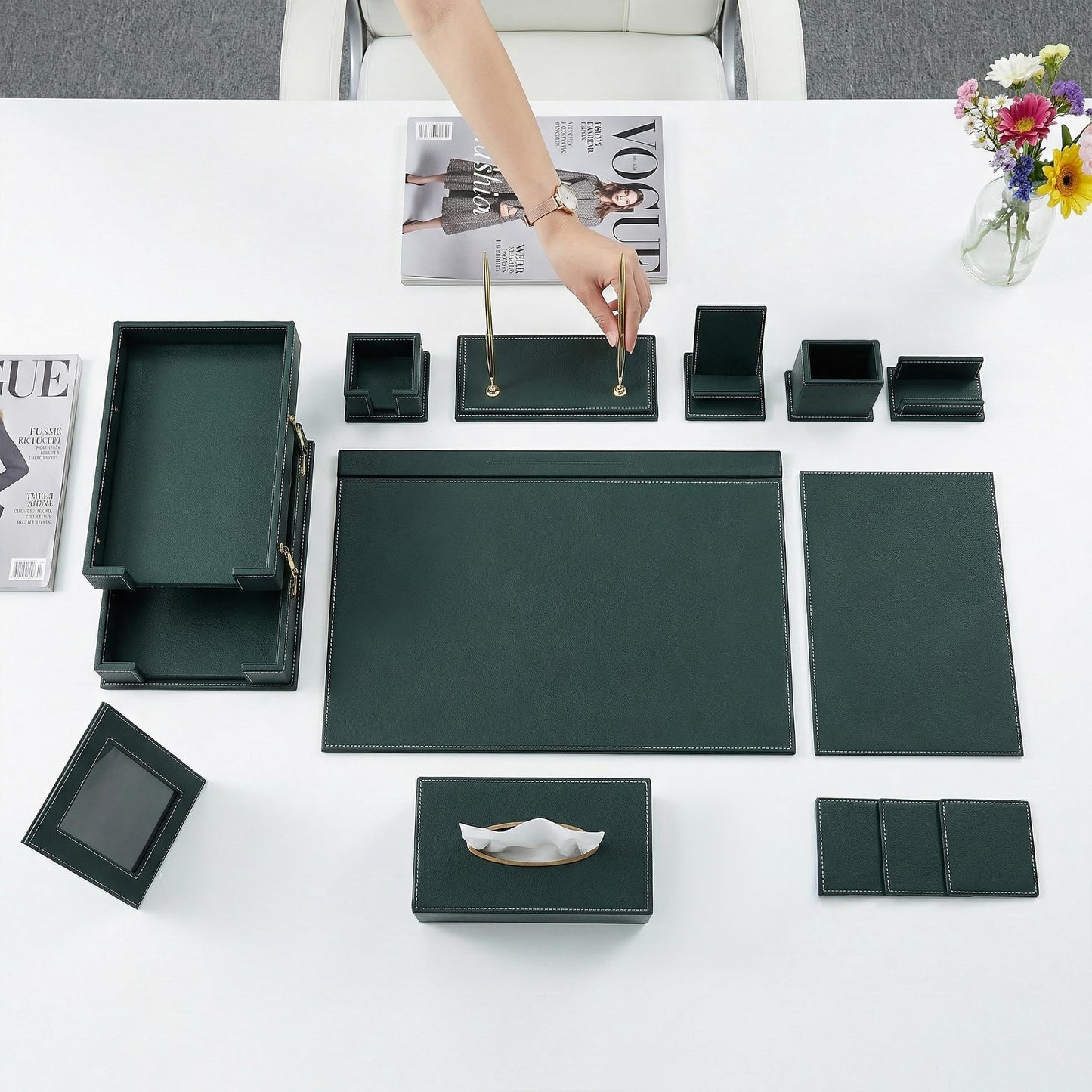 RitPin Leather Desk Set, 15-Piece Leather Desk Organizer, Executive Desk Organizer with Desk Pad & Blotter, 2-Tier Tray, Pen Holder, Office Accessories, Executive Desk Accessories(Green)