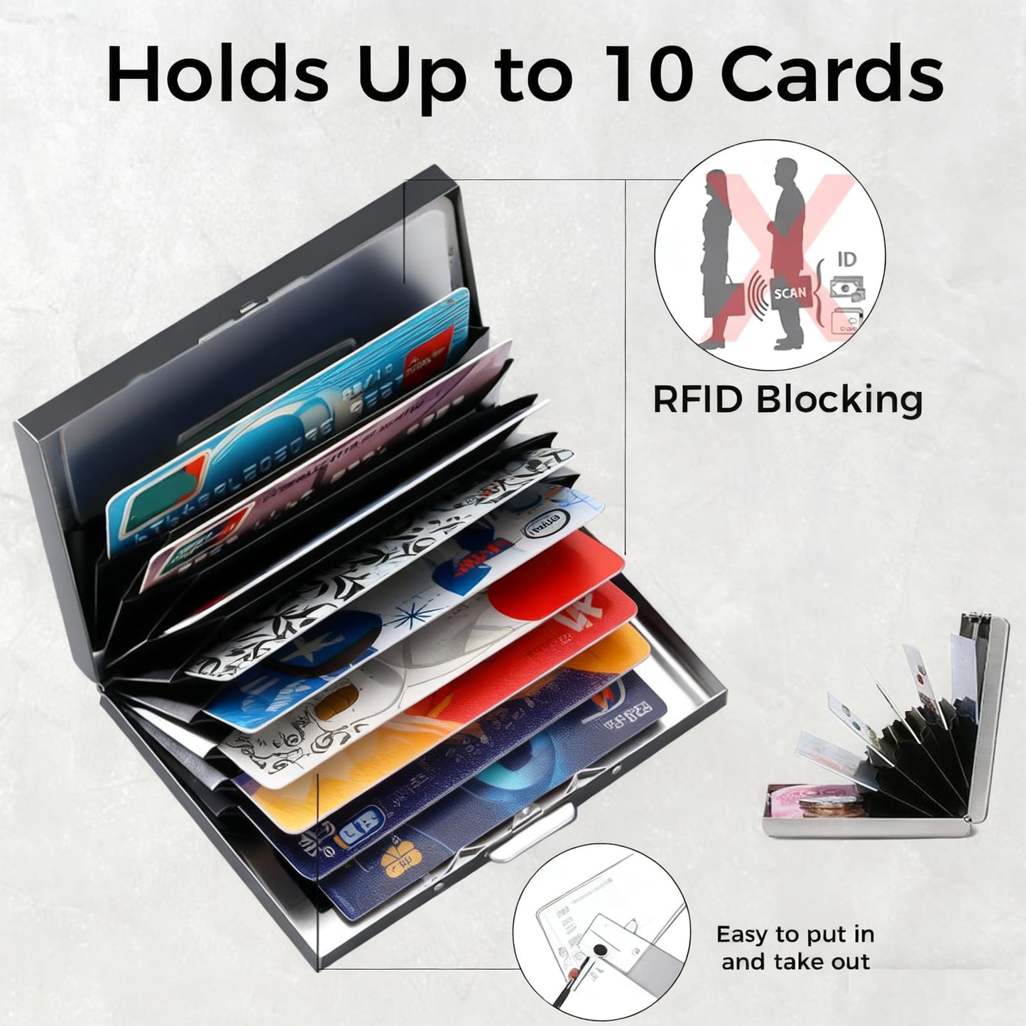 Portable Hard Case Cardholder, RFID Blocking Metal Card Holder - Slim Credit Card Wallet Protector for Men & Women, Holds 12 Cards Gift Box Packaging (Metallic Silver)