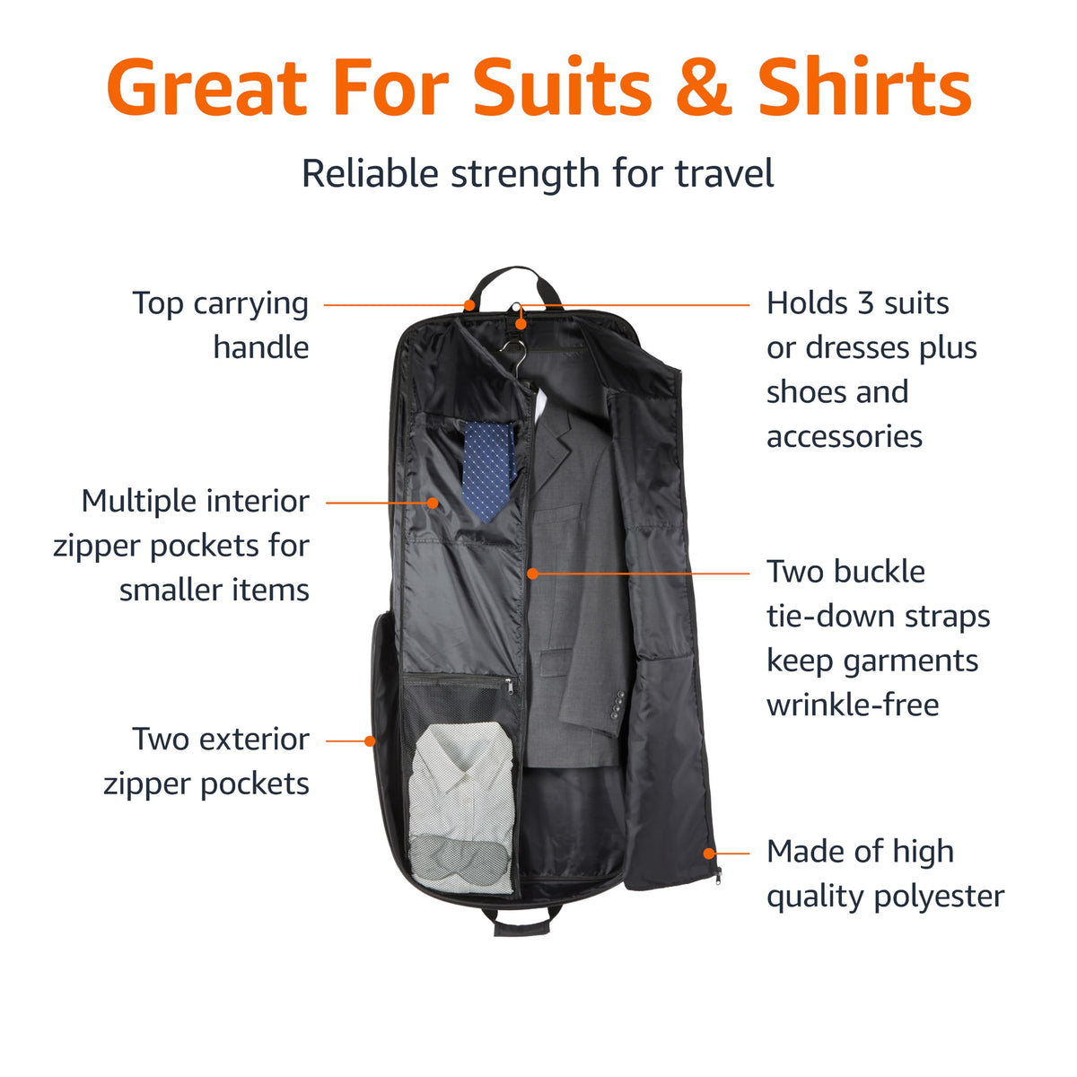 Amazon Basics 46" Premium Garment Bag for Travel, Suit Bag with Shoulder Strap for Suits and Dresses, 1680D Polyester Fabric, Exterior/Interior Pockets, Leather-reinforced Corners, Trifold, Black