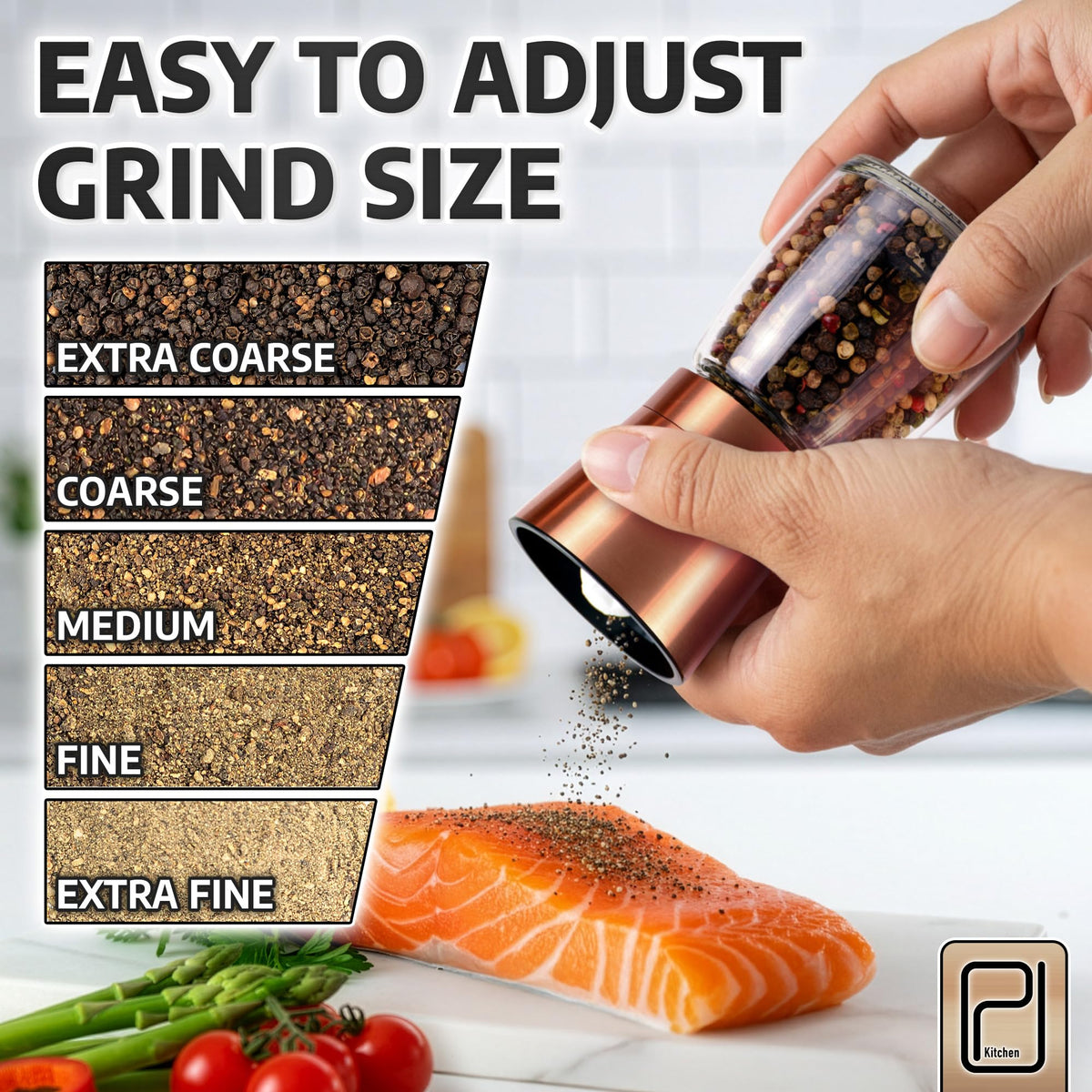 Premium Salt and Pepper Grinder Set w/Bamboo Holder - 6 oz, Copper Stainless Steel - S&P Spice Shakers - Refillable & Adjustable Coarseness Hand Mill for Spices & Seasonings - by PJC-Kitchen