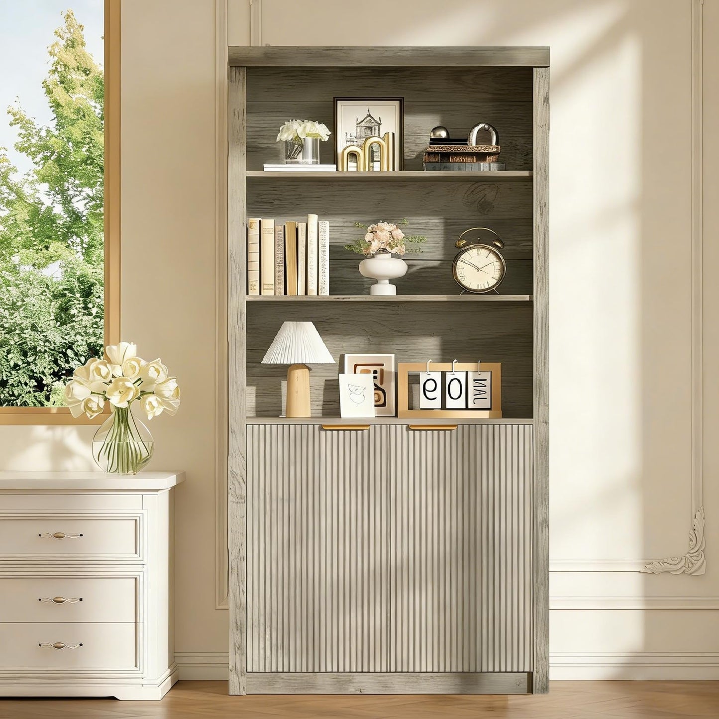 Modern Tall Book Shelf and Bookcase, 31.5"Wide Bookshelf with Doors, Farmhouse Book Case with Adjustable Top Shelf, Wood Storage Cabinet with 5 Tier Display Shelves for Home Office, Living Room,Grey