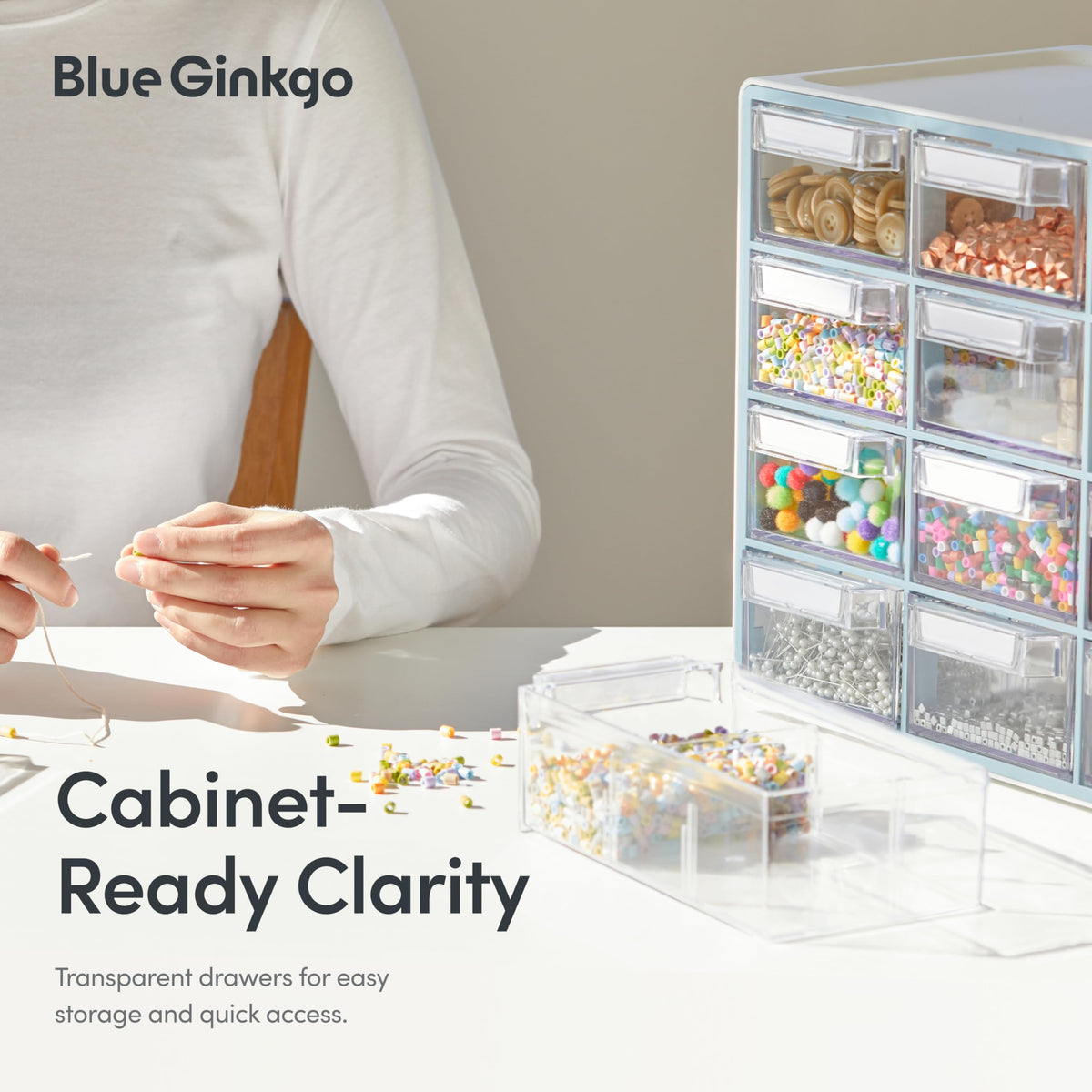 Blue Ginkgo Medium 16-Drawer Cabinet – Stackable Clear Organizer for Hardware, Beads, Plastic Bricks, Office, and Craft Storage (Made in Korea, Gray)