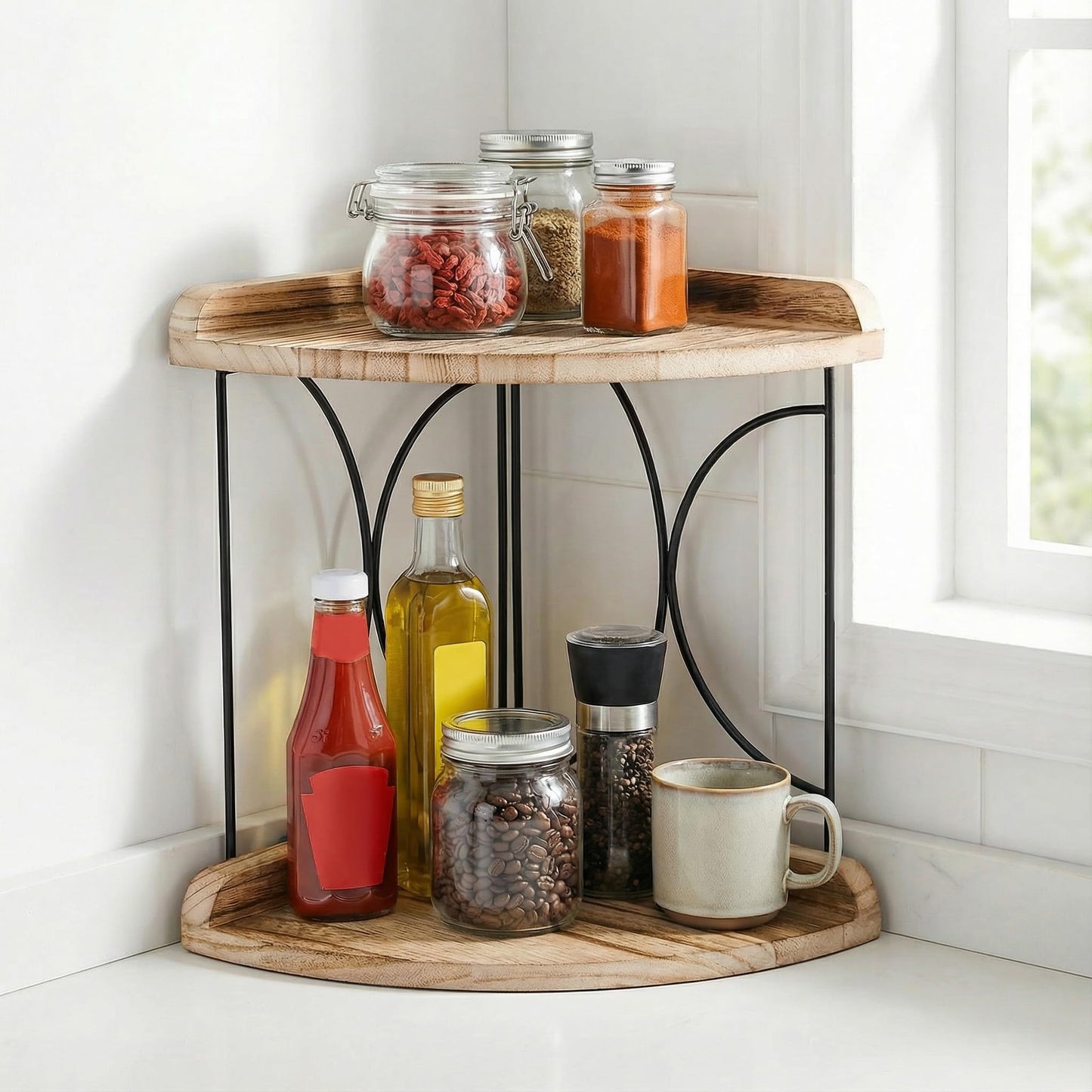 Goaste 2-Tier Bathroom Counter Organizer, Wood Vanity Corner Shelf, Skincare Storage Standing Tray, Kitchen Countertop Spice Rack, Makeup Perfume Holder for Bathroom Organization, Dresser, Kitchen