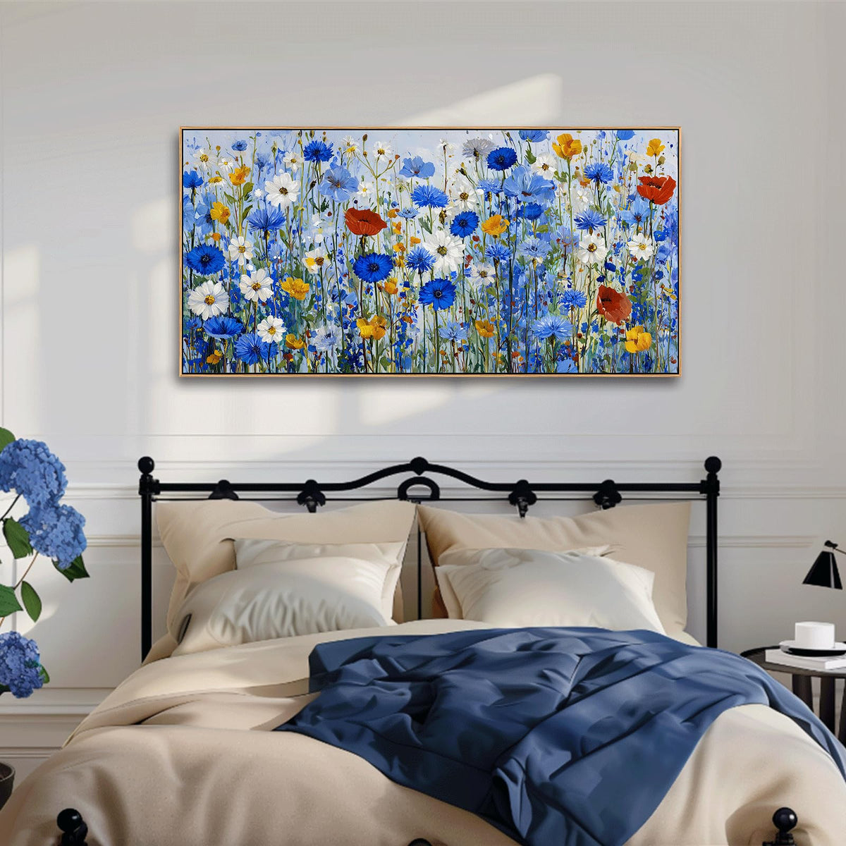 KZKU Blue Floral Wall Art Wildflower Canvas Print Frame Ready to Hang Vibrant Flowers Artwork Botanical for Living Room Bedroom Office Hallway & Bathroom Decor 20x40inch