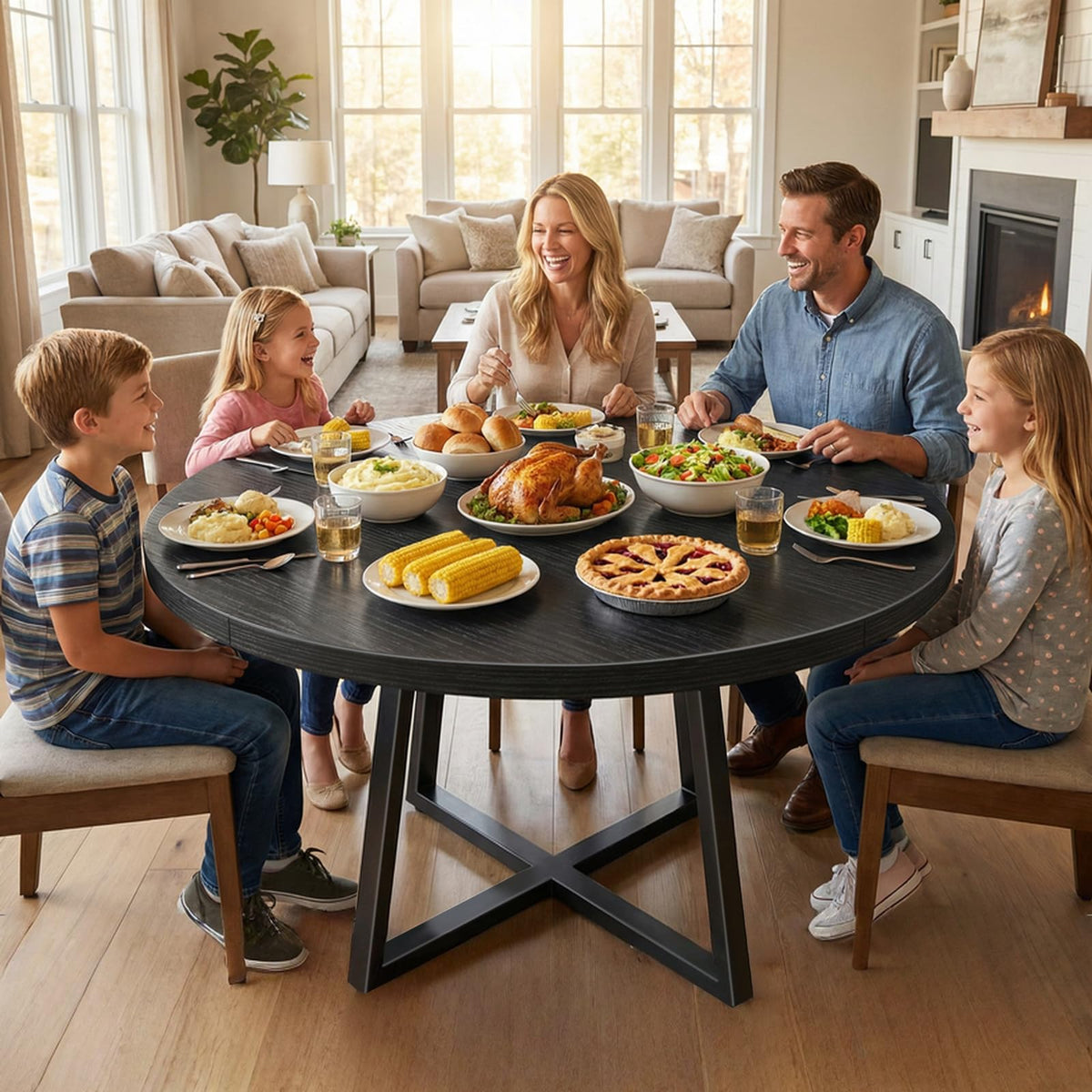 NUTIKAS 47 Inch Round Dining Table for 4, Modern Black Wood Grain Kitchen Table with Cross Metal Legs, Circular Industrial Dinner Table for Small Spaces, Breakfast Nook, Apartment, Office