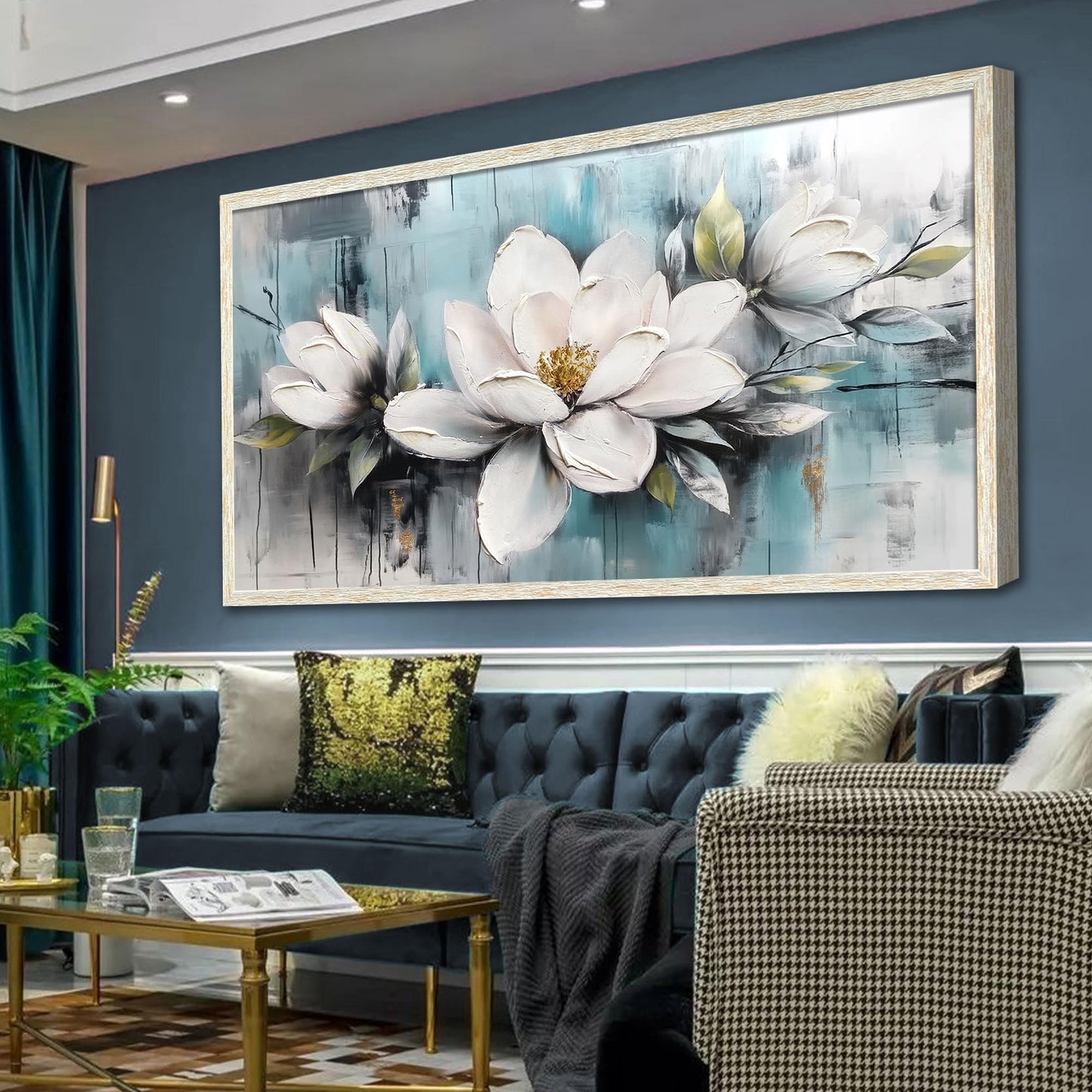 Ardemy Magnolia Wall Art Framed Canvas Wall Decor Living Room, White Floral Picture Wall Decor Teal Painting Flower Textured Extra Large Artwork for Bedroom Dining Room Home Office 58"x29"