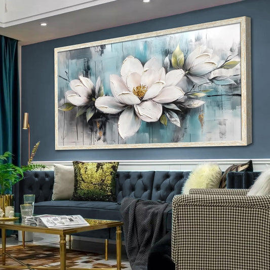 Ardemy Magnolia Wall Art Framed Canvas Wall Decor Living Room, White Floral Picture Wall Decor Teal Painting Flower Textured Extra Large Artwork for Bedroom Dining Room Home Office 58"x29"