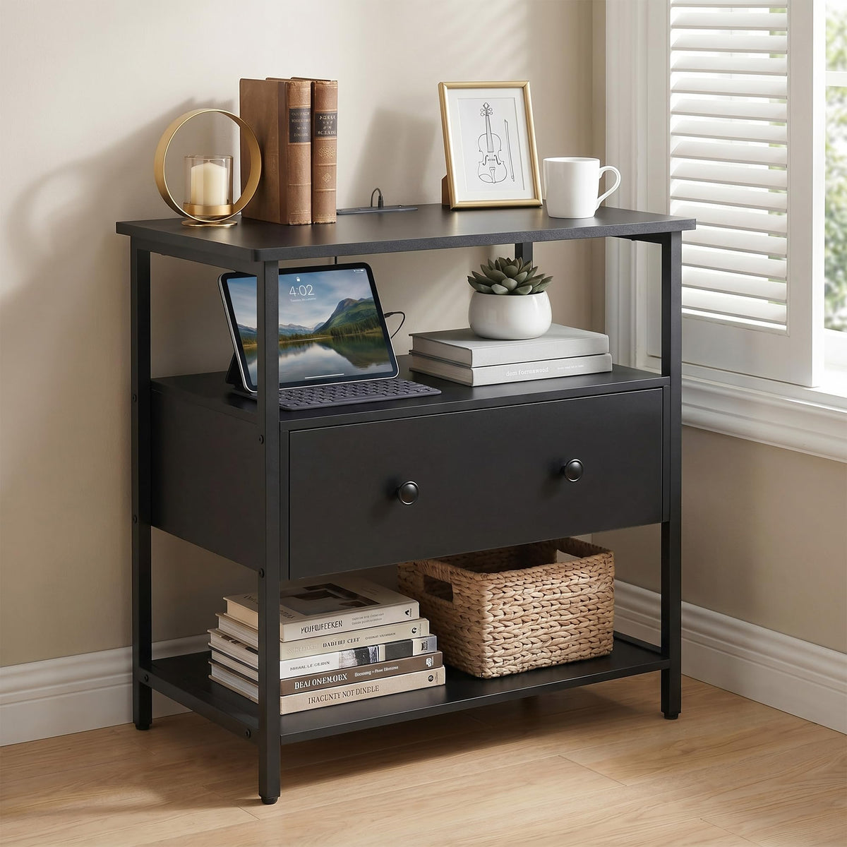 Edbuosy 27 Inch Wide Night Stand with Charging Station, Wood Nightstand with Open Shelf, Large Drawer Bedside Table for Living Room/Bedroom/Office (Black)
