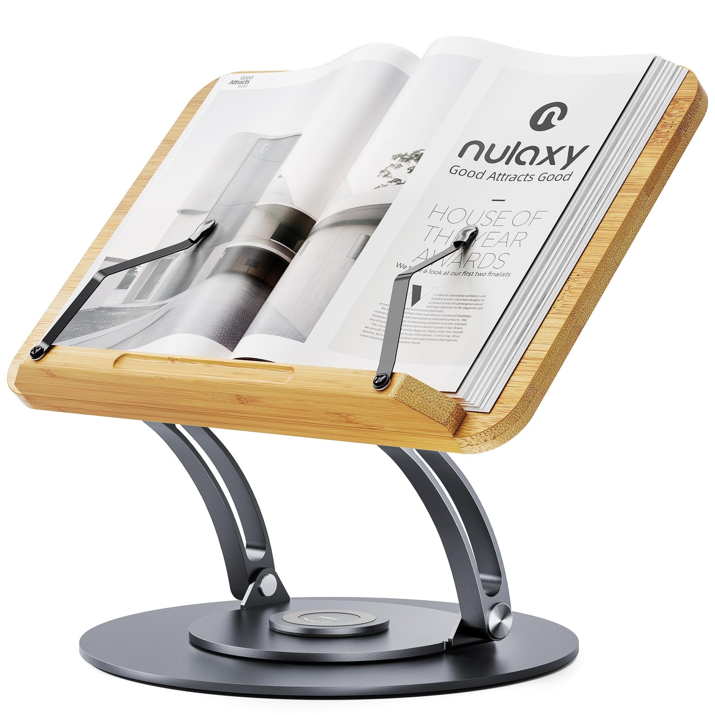Nulaxy Bamboo 360 Rotating Book Stand for Reading, Adjustable Textbook Holder for Reading Hands-Free, Foldable Desktop Cookbook Stand with Protective Page Clips, Fits All Books - Gray