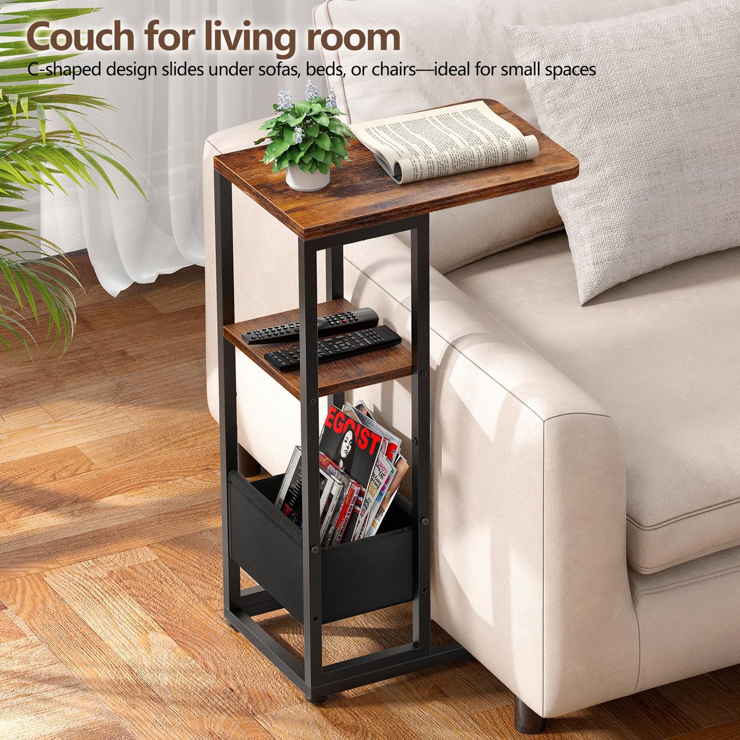 Yuede C Shaped End Table, Small Side Table for Couch, Recliner, Slide Under Sofa Tray Desk Snack Tables with Storage Bag for Living Room,Bedroom, Small Spaces - Rustic Brown