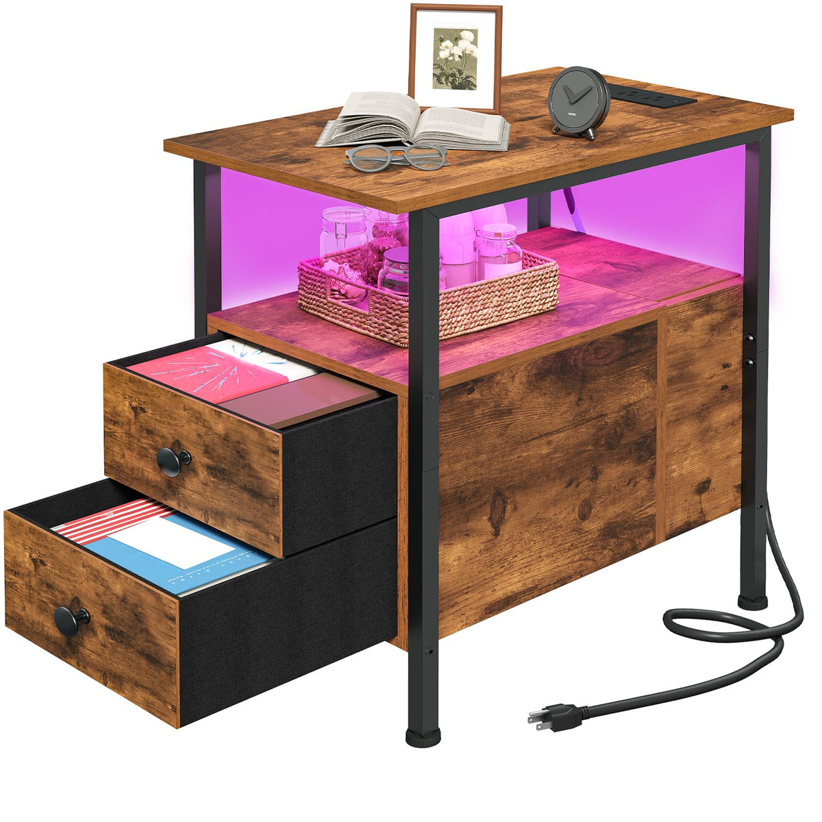 HOOBRO End Table with Charging Station & Led Light, Narrow Side Table with 2 Drawers & USB Ports & Power Outlets, Nightstand for Small Spaces, for Living Room, Bedroom, Rustic Brown Black BF436UDBZ01