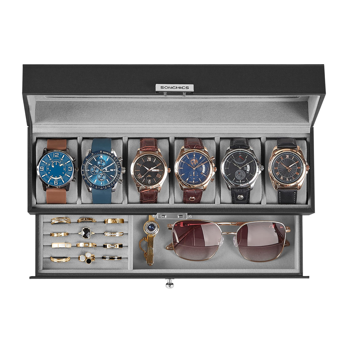 SONGMICS Watch Box, 6-Slot Watch Case Organizer with Large Glass Lid, 2 Layers, Removable Pillows, Metal Lock, Gift for Loved Ones, Black Synthetic Leather, Gray Lining UJWB060G01