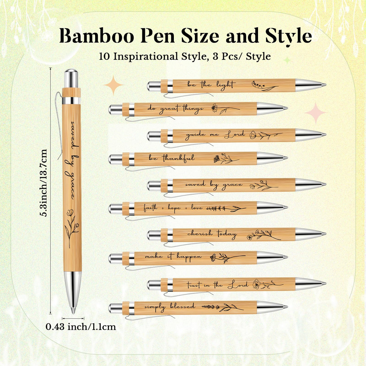 Watersay 30 Pcs Inspirational Bamboo Ballpoint Pens Positive Gifts Bulk Flower Thank You Pens Employee Appreciation Gifts for Coworkers Student Teacher Office