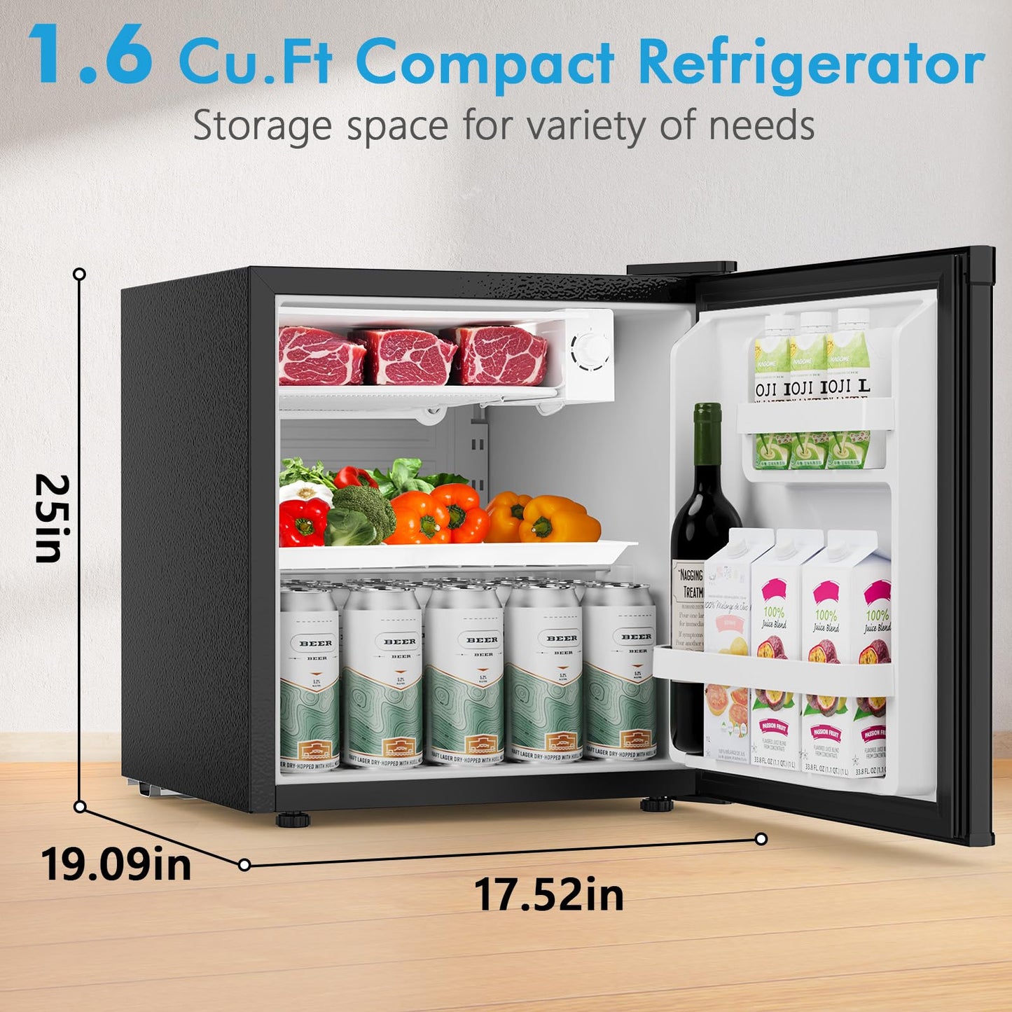 COWSAR 1.6 Cu.Ft Compact Fridge with Freezer, Refrigerator with 7 Temperature Settings, Energy-efficient Low Noise Small Refrigerator Suitable For Dorm, Office, Bar, RV, Bedroom, Commercial
