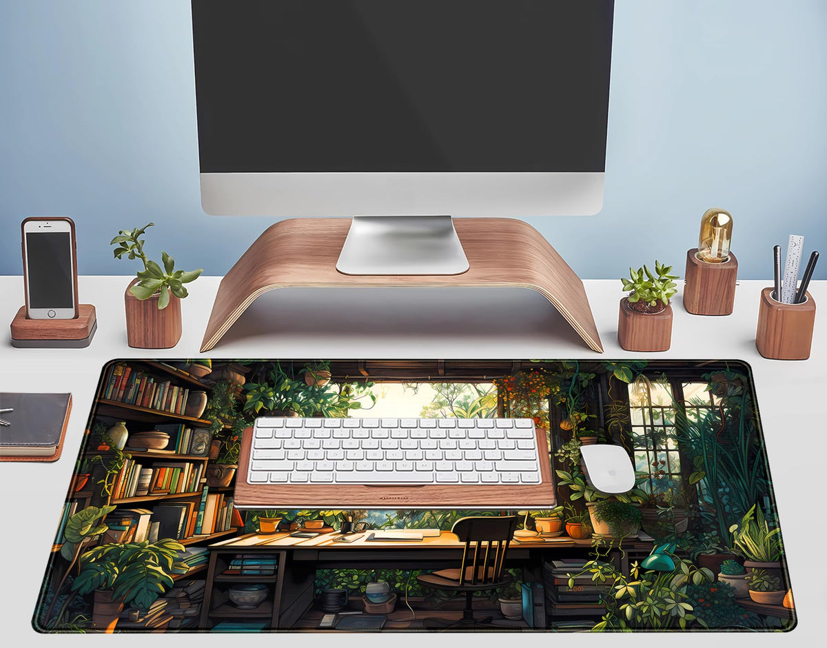 Green Plant Lovers Cute Desk Mat, Kawaii Desk Pad XXL Large Extended Lofi Mouse Pad Gaming Anime Mousepad, Big Laptop Computer Keyboard and Mouse Mat for Girl Women Office Desk Decor 31.5x15.7 in