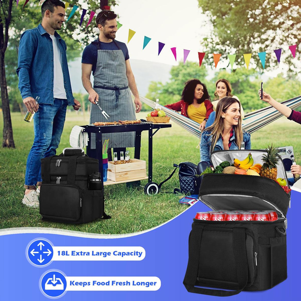 KALVATAY Insulated Lunch Bag, Lunch Box for Men, Double Deck Reusable Lunch Bag for Work Outdoor Picnic Day Trips - Heavy Duty Leakproof Cooler Bag Organizer for Adults(Black, 18L)