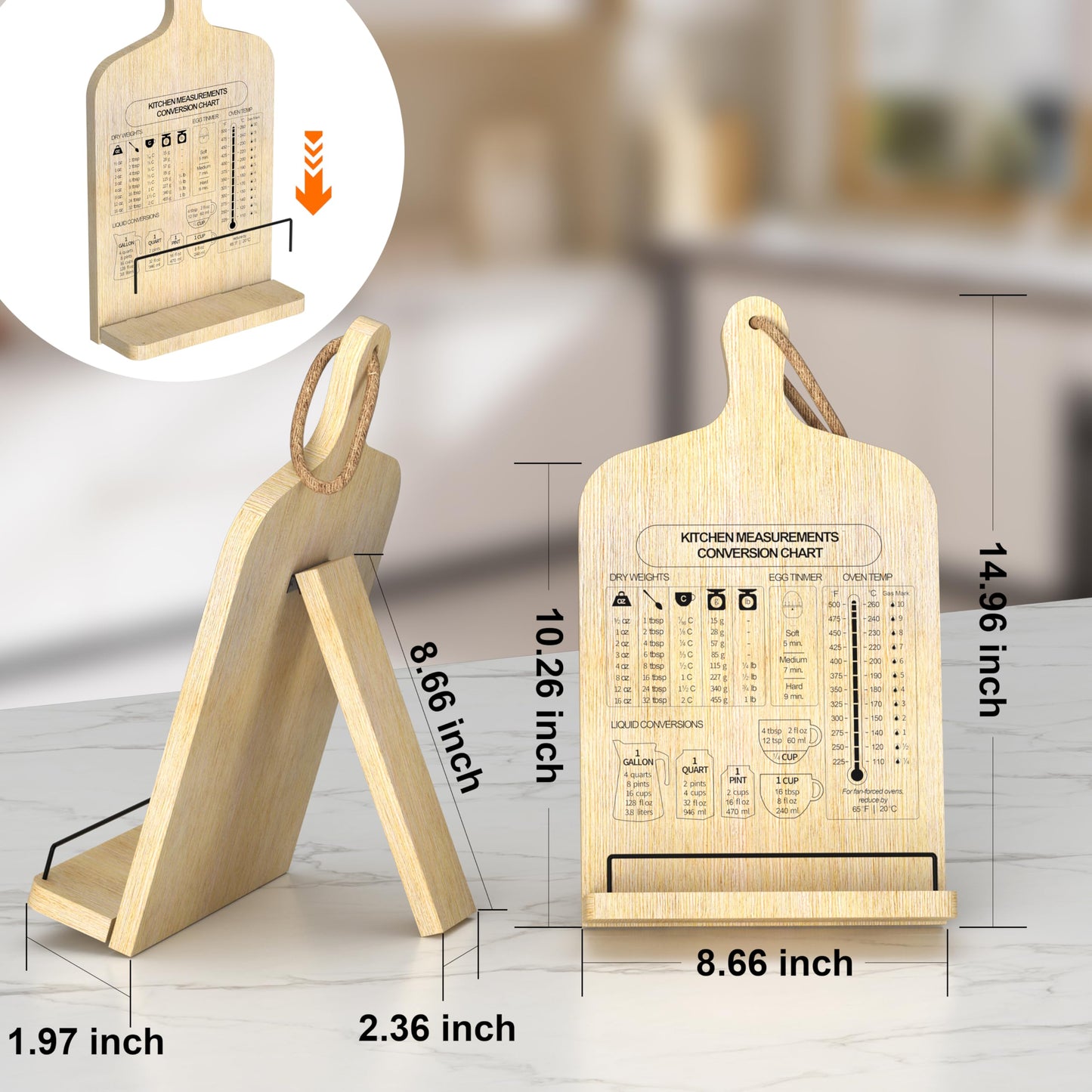 ZEUMIE Bamboo Cookbook Stand, Adjustable Cookbook Holder Stand, Recipe Book Holder with Measurement Conversion Chart, Cook Book Stand for Kitchen Counter, Essential Accessories Gifts for Bakers Women