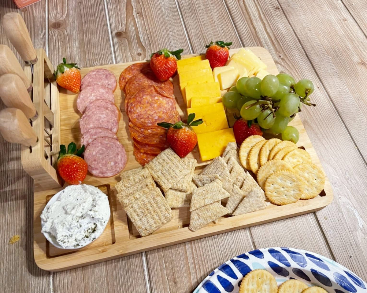 Bamboo Cheese Board, Cheese Tray with 4 Stainless Cutlery Set,Charcuterie Board and Serving Meat Platter, Cheese Platter Gift for Christmas, House Warming, Thanksgiving