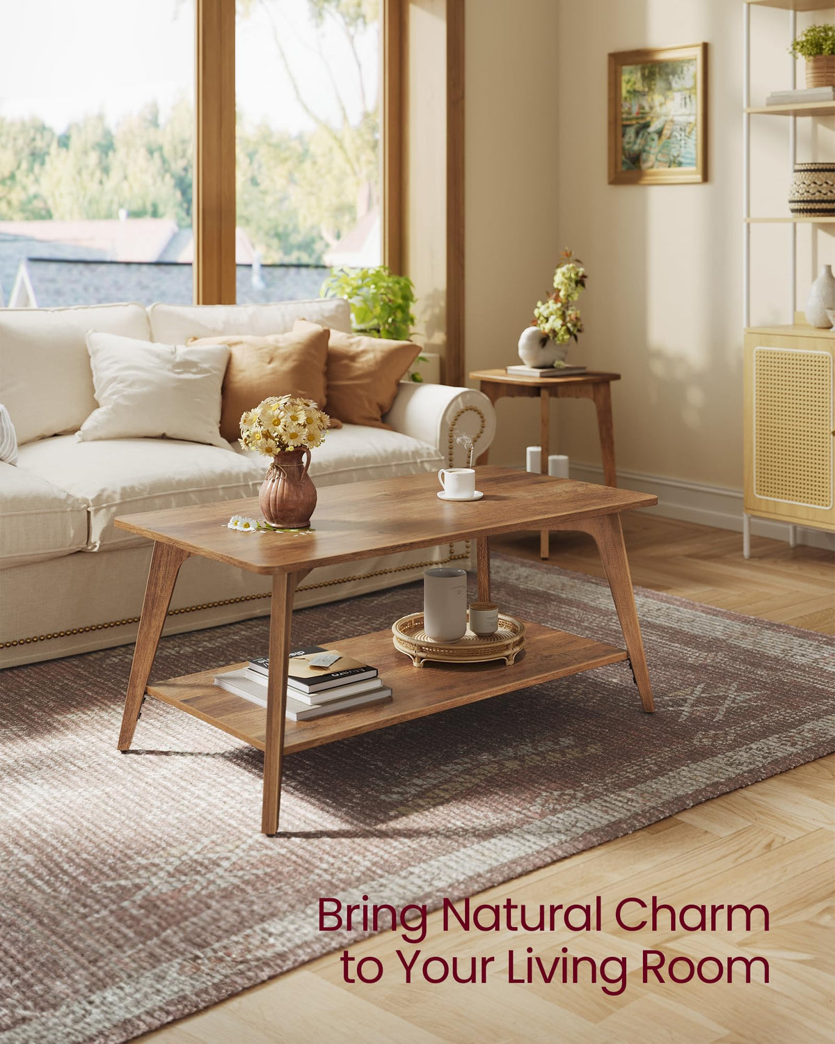 VASAGLE MAEZO Collection - Coffee Table, 2-Tier Center Table with Storage, Tapered Legs, Curved Transitions, 21.7 x 39.4 x 17.7 Inches, Easy to Assemble, for Living Room, Honey Brown ULCT249K01