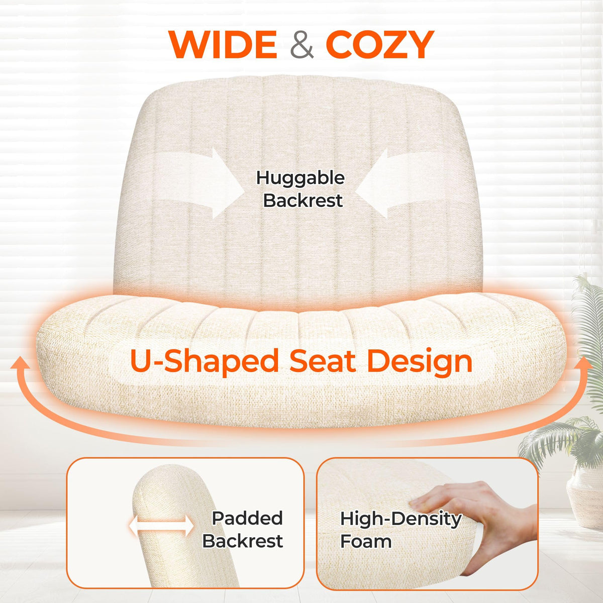 Orange Factory Criss Cross Chair Wheels Wide Cross Legged Office Desk Vanity Chair Comfy Fabric Armless Adjustable Swivel for Home Computer Task (Beige Wheel, Fabric)