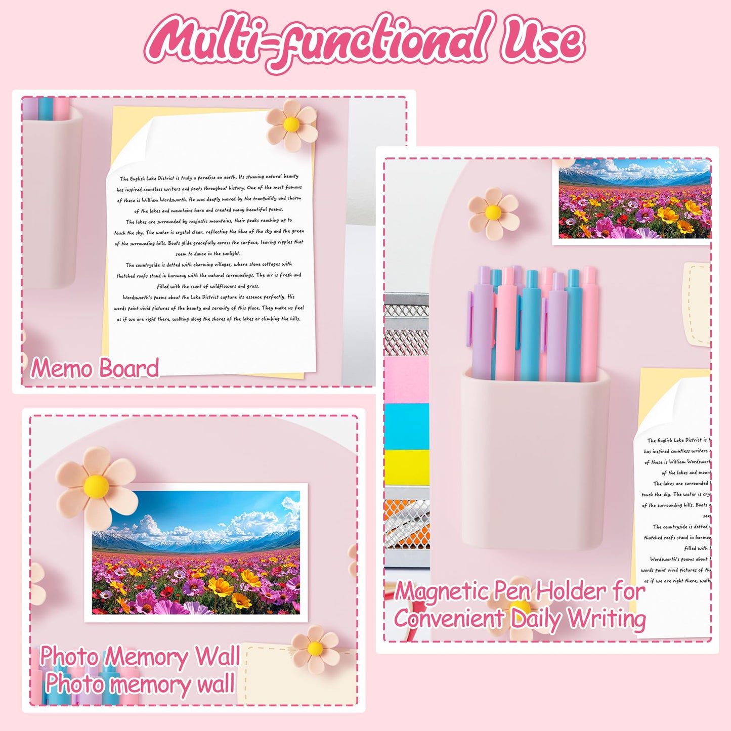 GQIRIL Magnetic Bulletin Board for Tabletops - 2 Pack Metal Magnet Display Memo Note Souvenir Boards with Stand, 12 Flower Pins and 2 Pen Holders for Home Office School Kitchen Table Desk (11"×7.9")