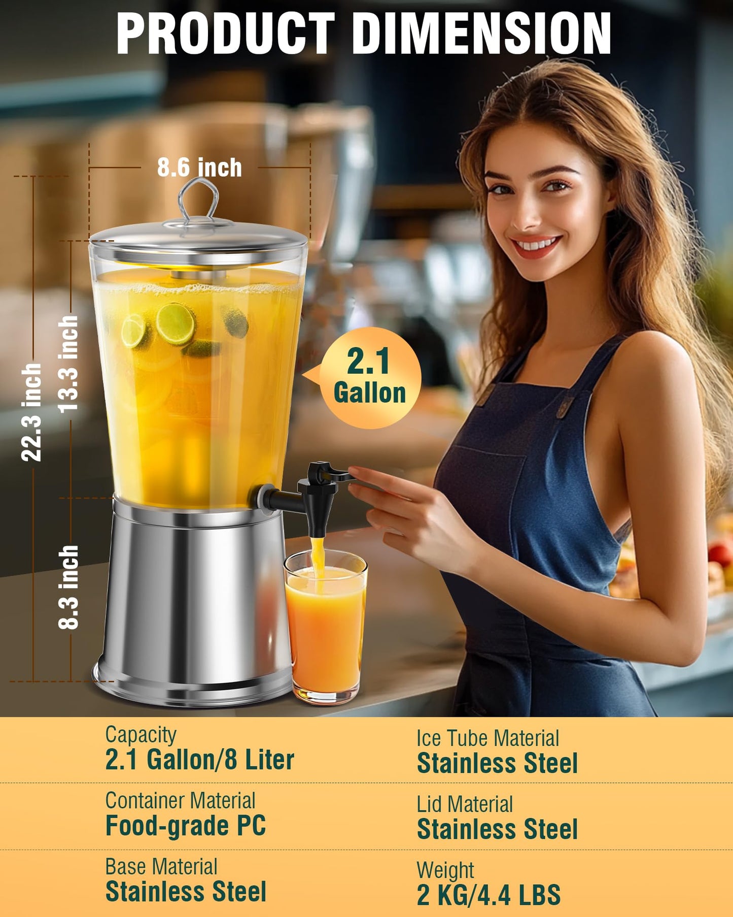 WantJoin Beverage Dispenser With Stand, Drink Dispenser for Party, Stainless Steel Water Dispenser with Ice Core, Spigot, Drink Jar Jug For Home Parties Lemonade, Clear Acrylic, 2-GALLONS 8 Liters
