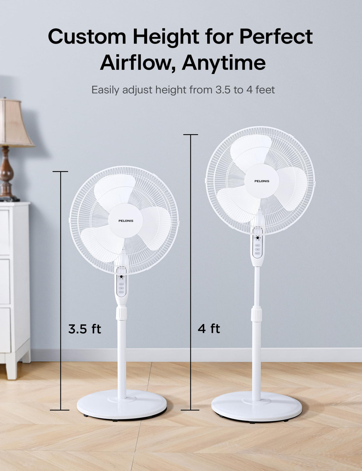PELONIS 16'' Pedestal Fan for Bedoom with Remote, Upgraded, Standing Fan with 7-Hour Timer, 90° Oscillation, 3-Speeds, Adjustable Height, Electric Cooling Fans for Living Room and Office