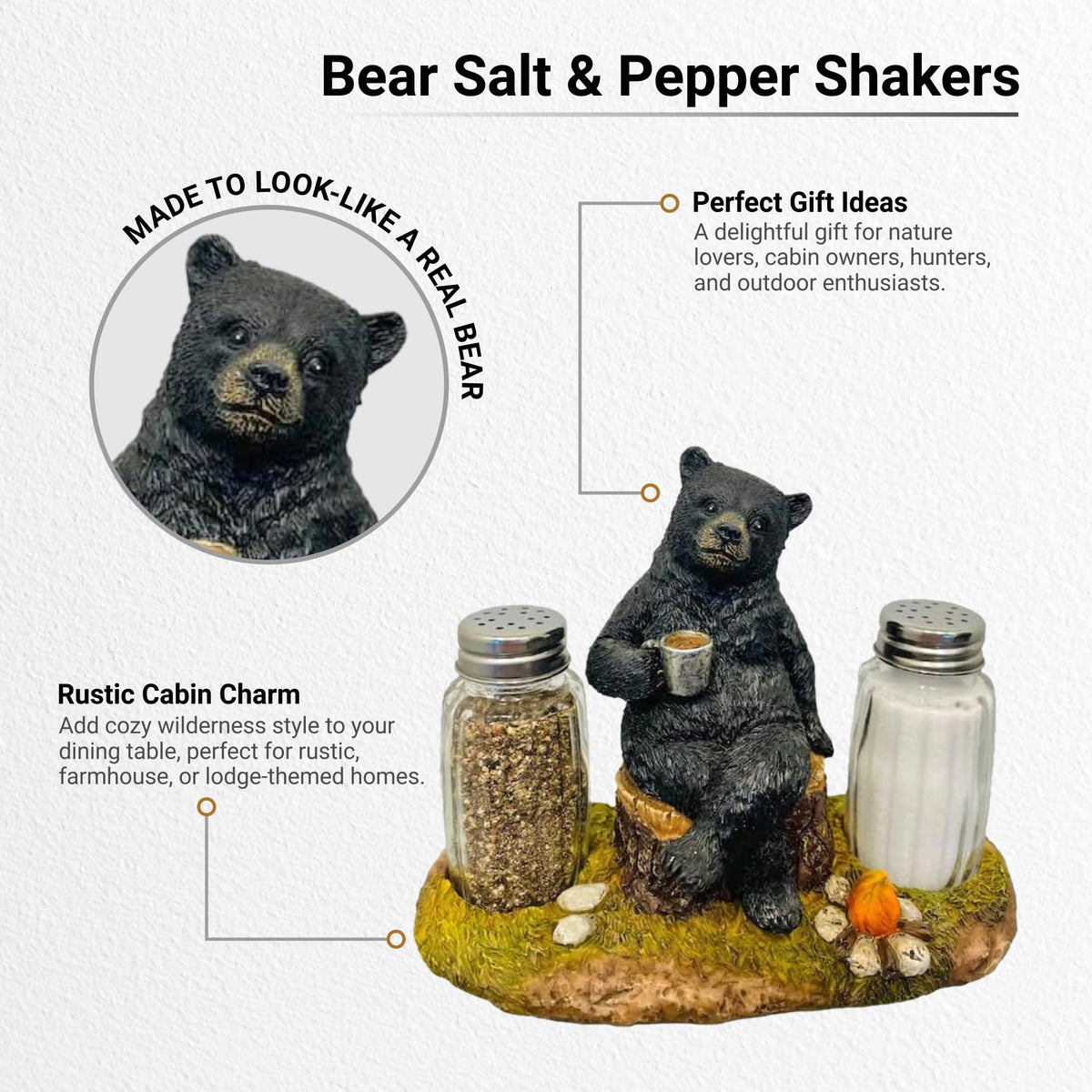 Pine Ridge Coffee Bear Salt And Pepper Shaker Set - Two Glass Shakers, Bear By Campfire Holder Caddy For Spices And Seasonings, For Kitchen, Cabin, Dining Or Table Décor