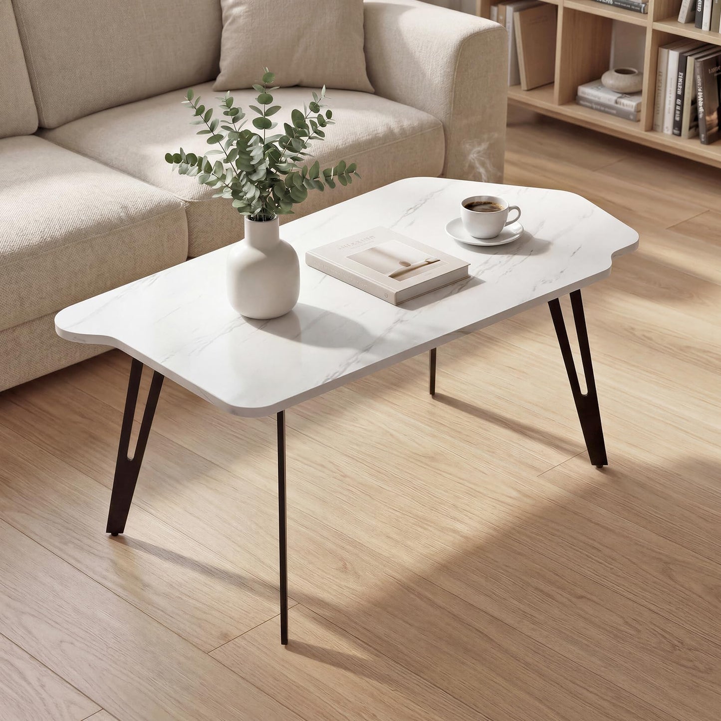 Manora Irregular Marble Pattern Coffee Table, Modern Small Center Table with Unique Shape Top, Faux Marble Wood Table for Living Room, Home Office, Apartment, Minimalist Accent Tea Table