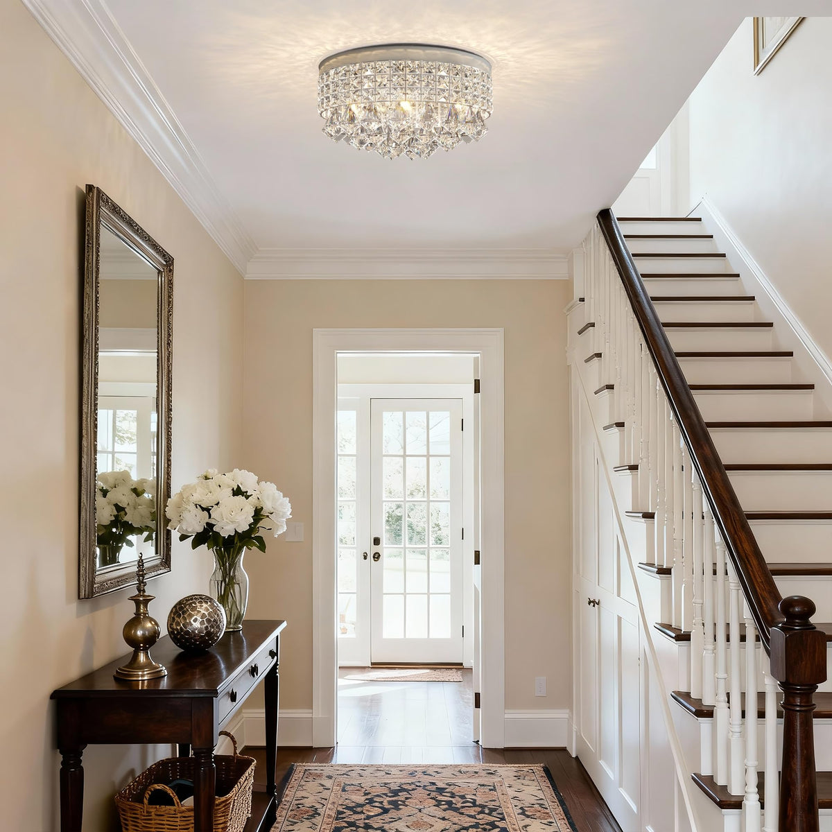 Maxax 4 Lights Crystal Chandelier, Modern Drum Ceiling Light Fixture Lamp, Raindrop Flush Mount Round Metal Shade, for Dining Room, Living Room, Bathroom, Bedroom, Chrome