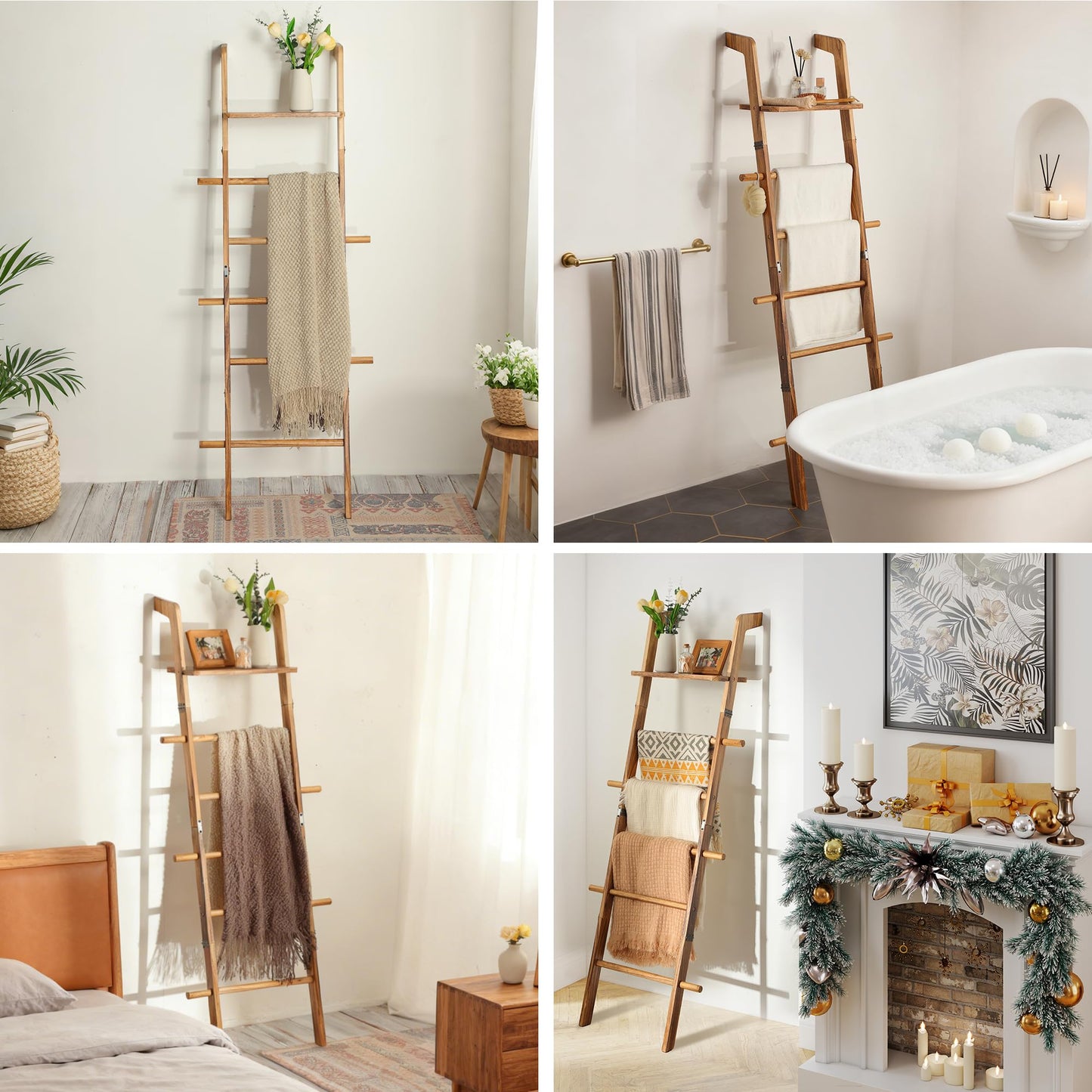 ZUNTO Blanket Ladder with Top Shelf for The Living Room - 67in Decorative Wooden Blanket Holder, 5 Tier with Side Hooks for Hanging - Rustic Farmhouse Towel Throw Ladder Rack for Organize and Display